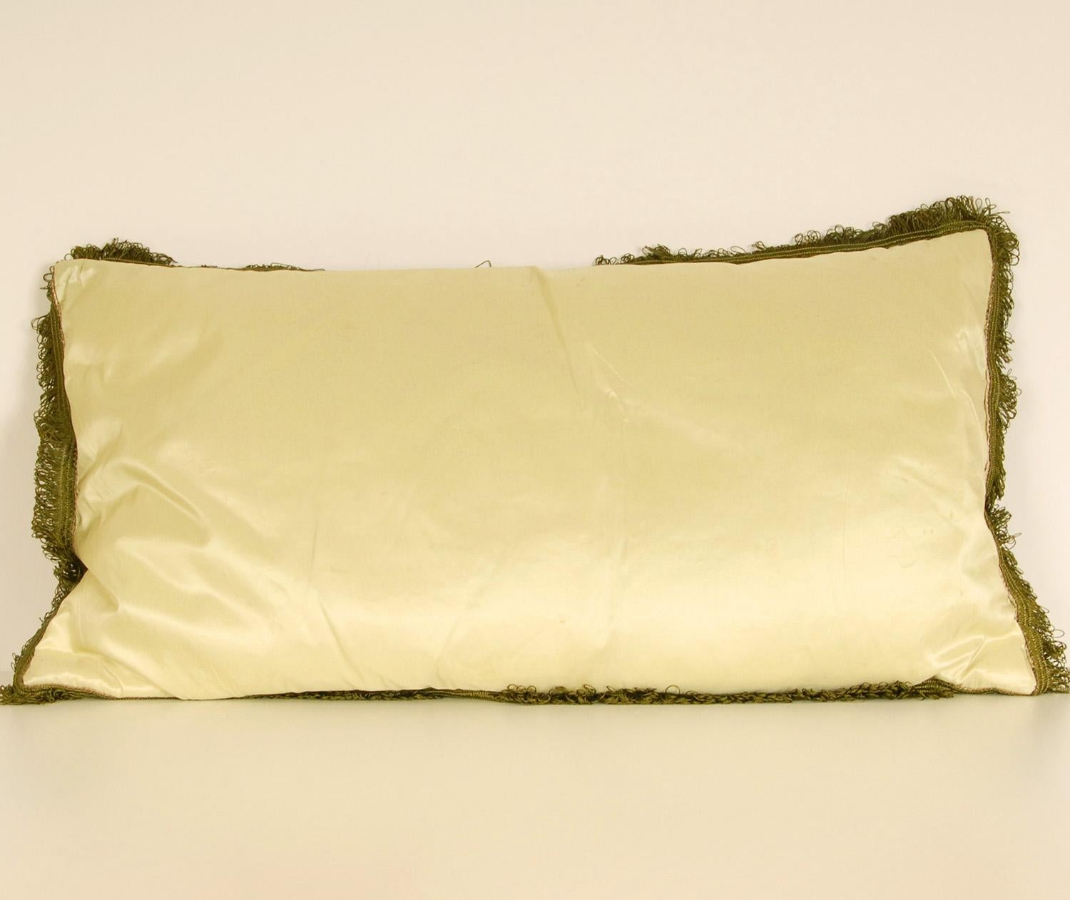 Napoleonic Empire Cushion French Silk Thread Cannetille Green Cream Throw Pillow In Good Condition For Sale In Wommelgem, VAN