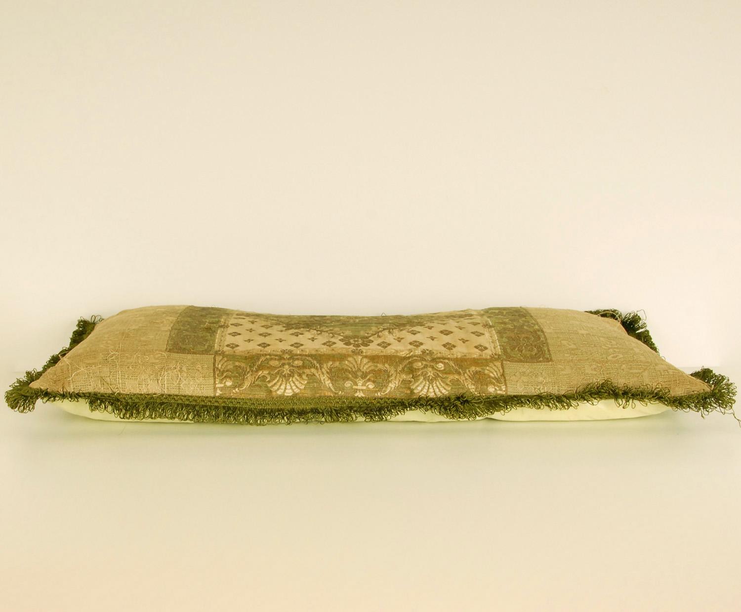 19th Century Napoleonic Empire Cushion French Silk Thread Cannetille Green Cream Throw Pillow For Sale