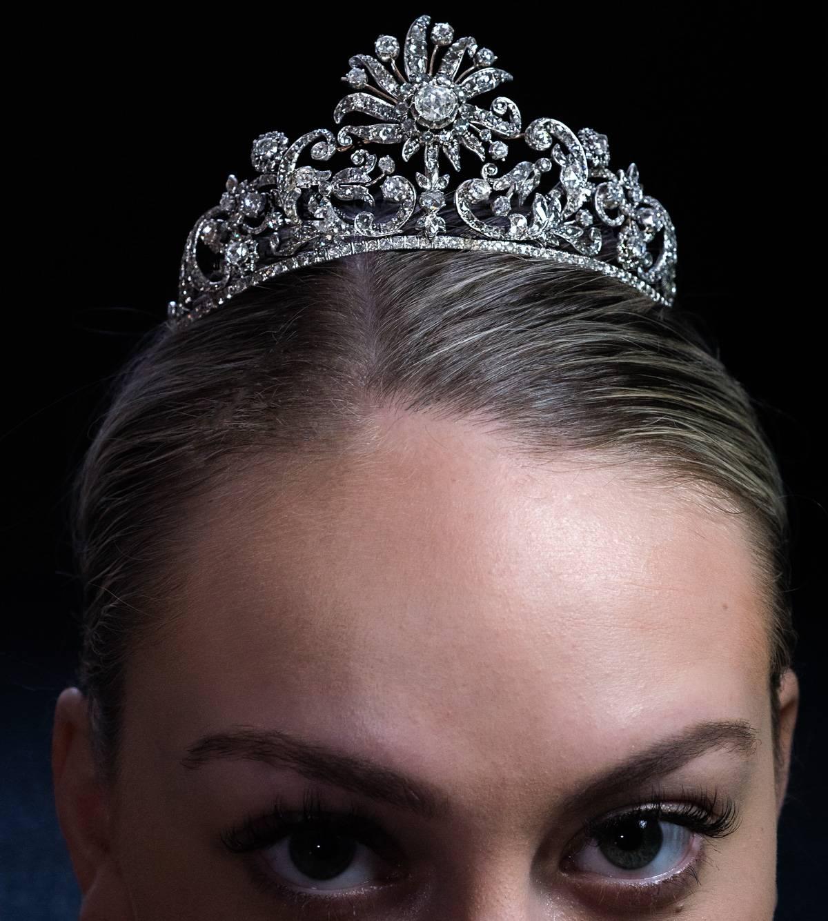 It is one of the very rare early diamond tiaras from the Napoleonic era. We date it to late 1790s - early 1800s. The tiara is crafted in silver-topped gold and is embellished with round and pear shaped old rose cut diamonds.
Length 170 mm (6 2/3