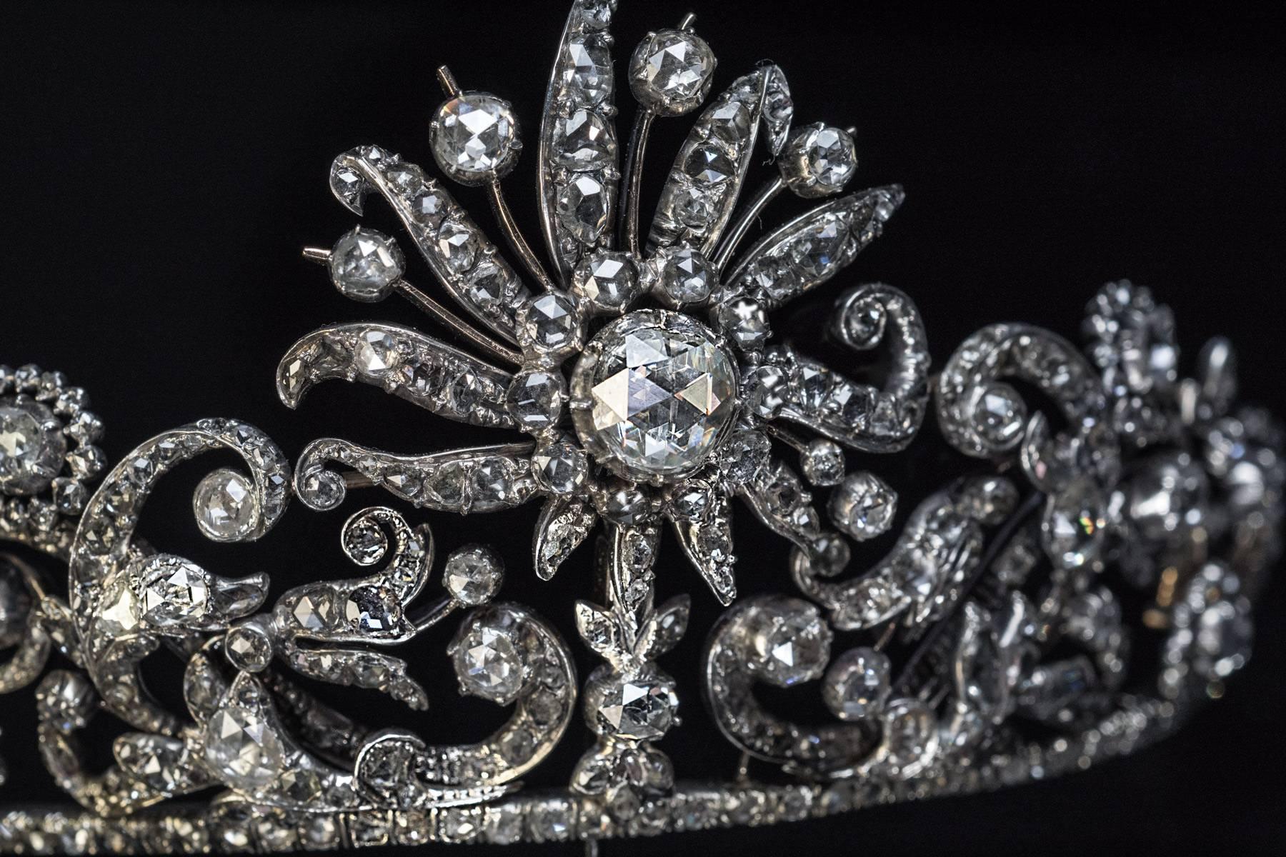 Napoleonic Era Antique Rose Cut Diamond Diadem Tiara In Excellent Condition In Chicago, IL