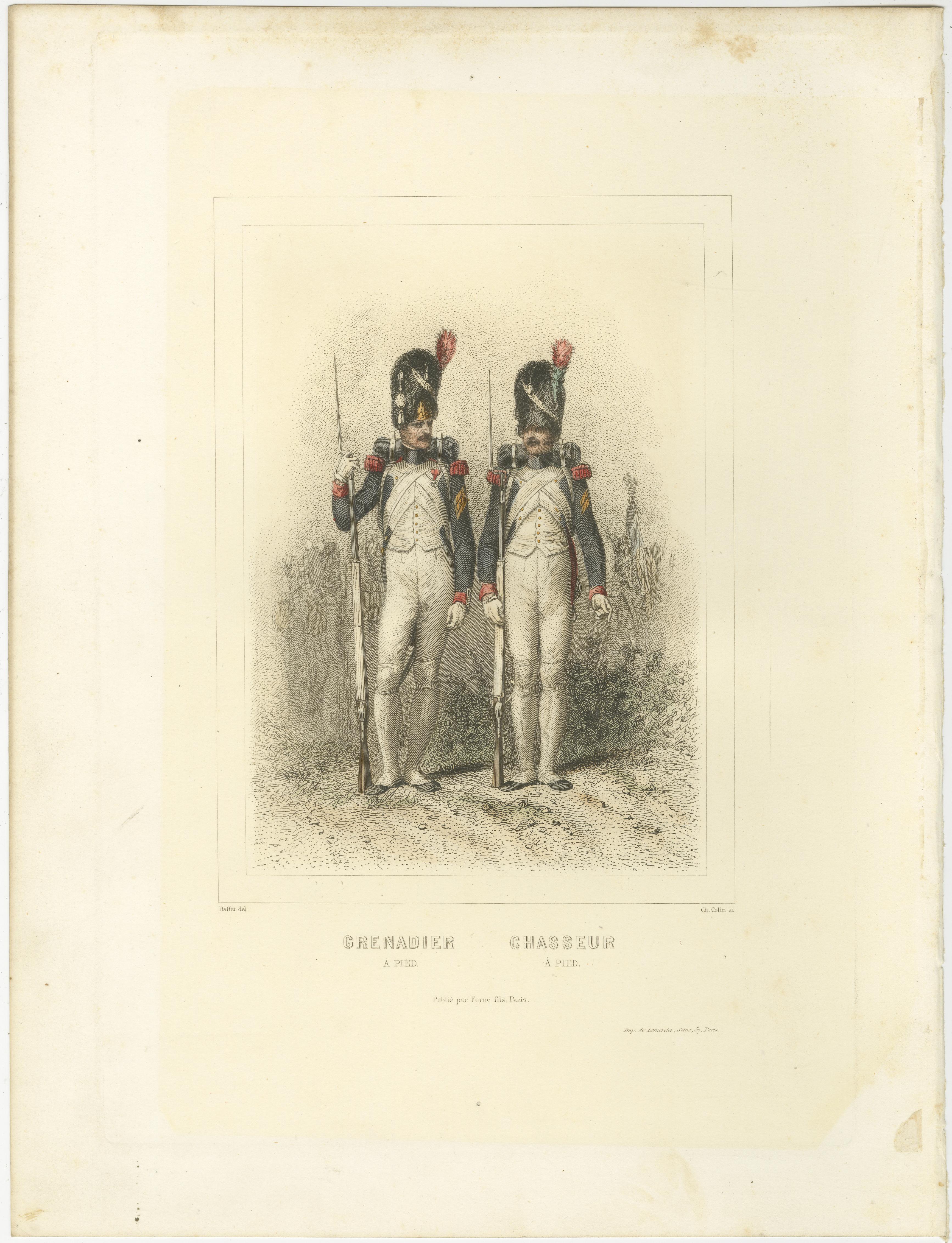 Granaderos a pie napoleónicos - Chasseur, Granadero y Abanderado, 1859

Este llamativo par de litografías coloreadas a mano retrata a soldados de infantería de élite de la Guardia Imperial de Napoleón con sus galas completas. Dibujadas por Auguste