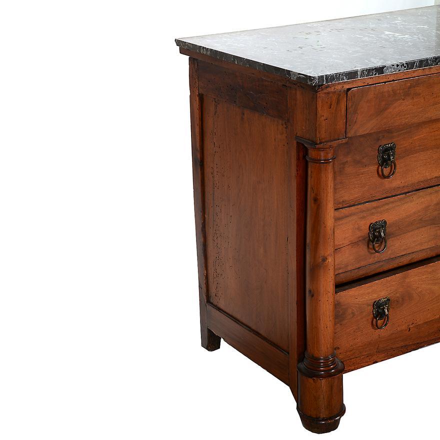 Hand-Crafted Antique Napoleonic French Empire Walnut Chest of Drawers Grey Marble Circa 1810 For Sale