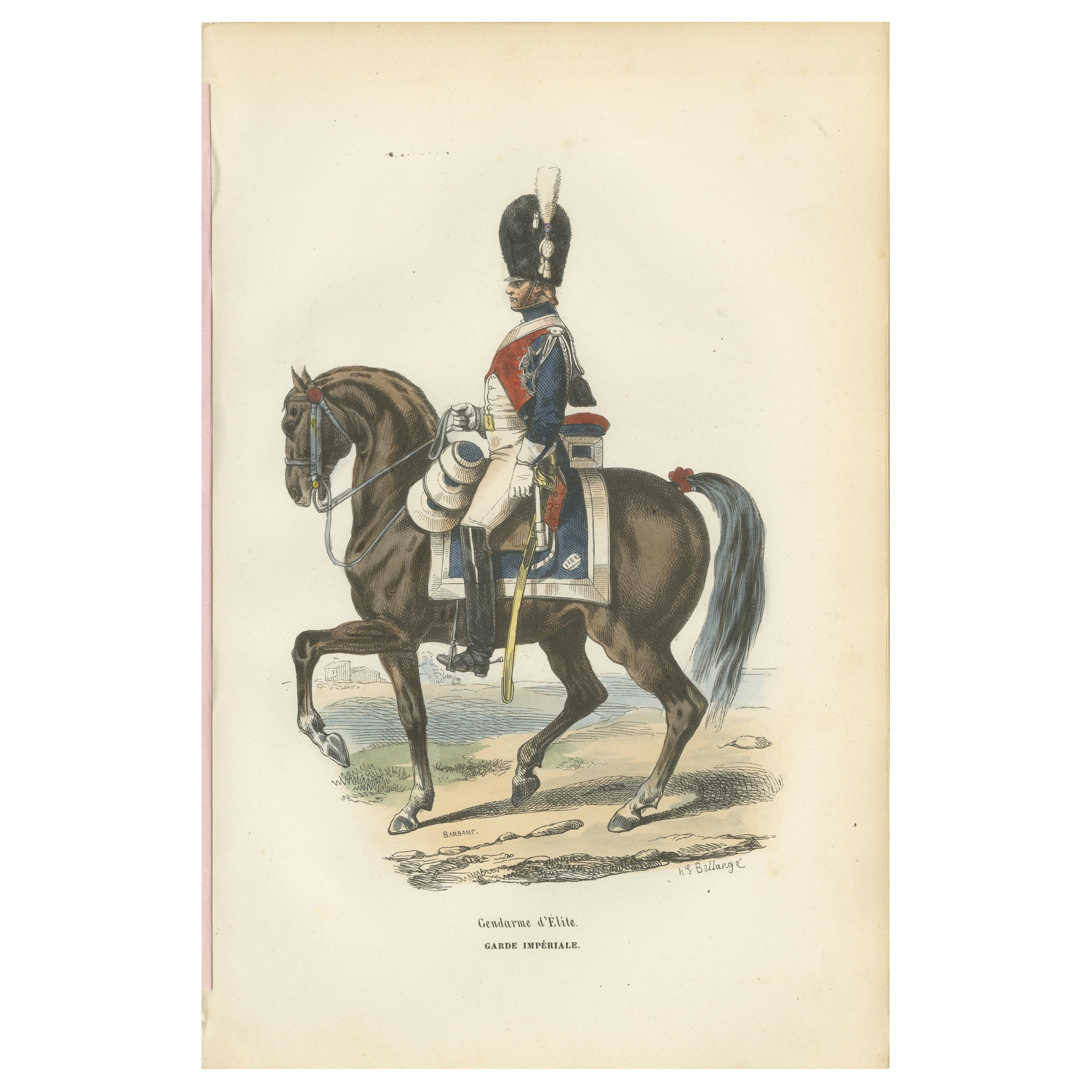 Napoleonischer Gendarme d
Élite, Kavallerie der kaiserlichen Garde, handkolorierter Druck, 1843