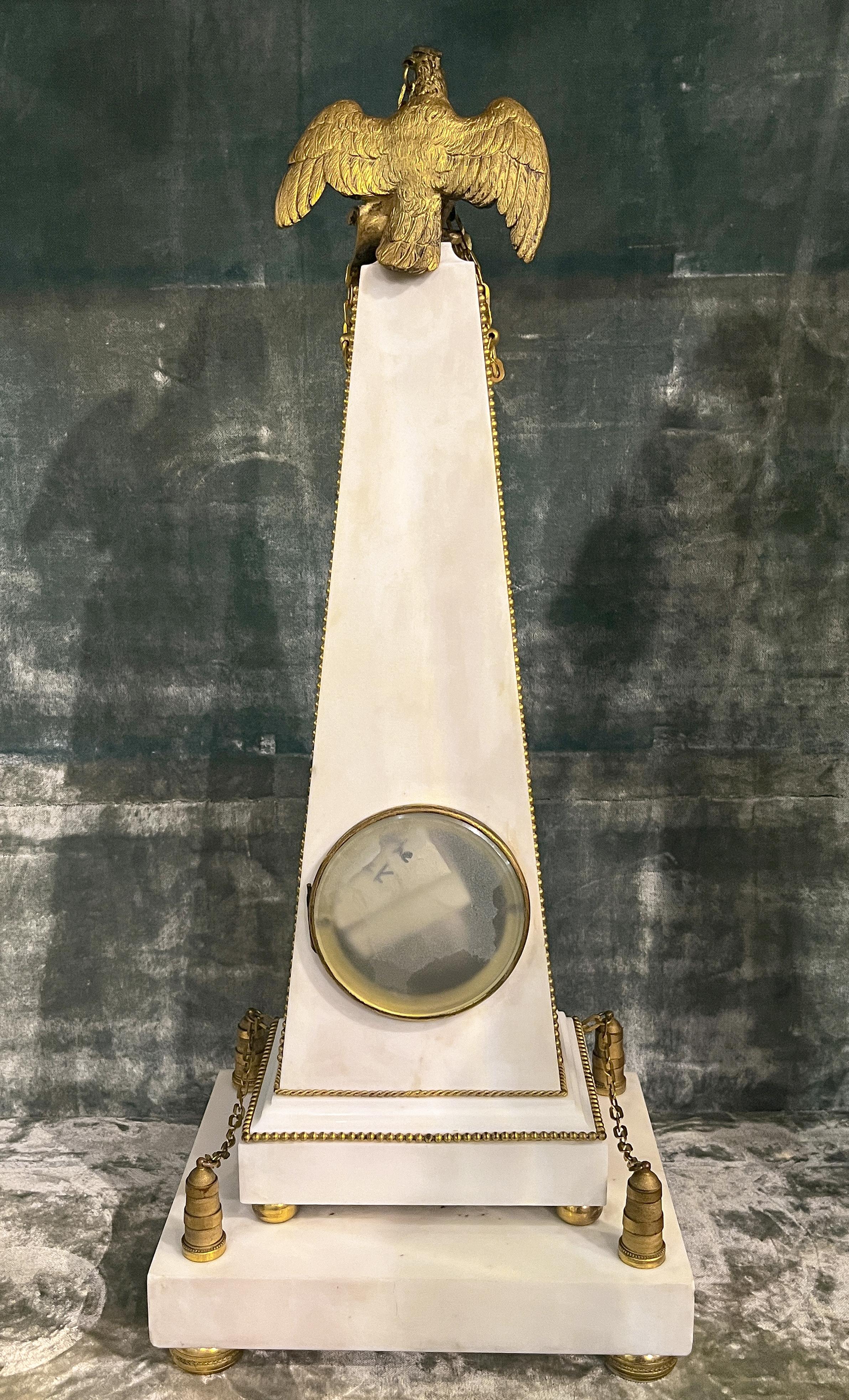 Napoleonic Gilt Bronze and Marble Obelisk Clock For Sale 2