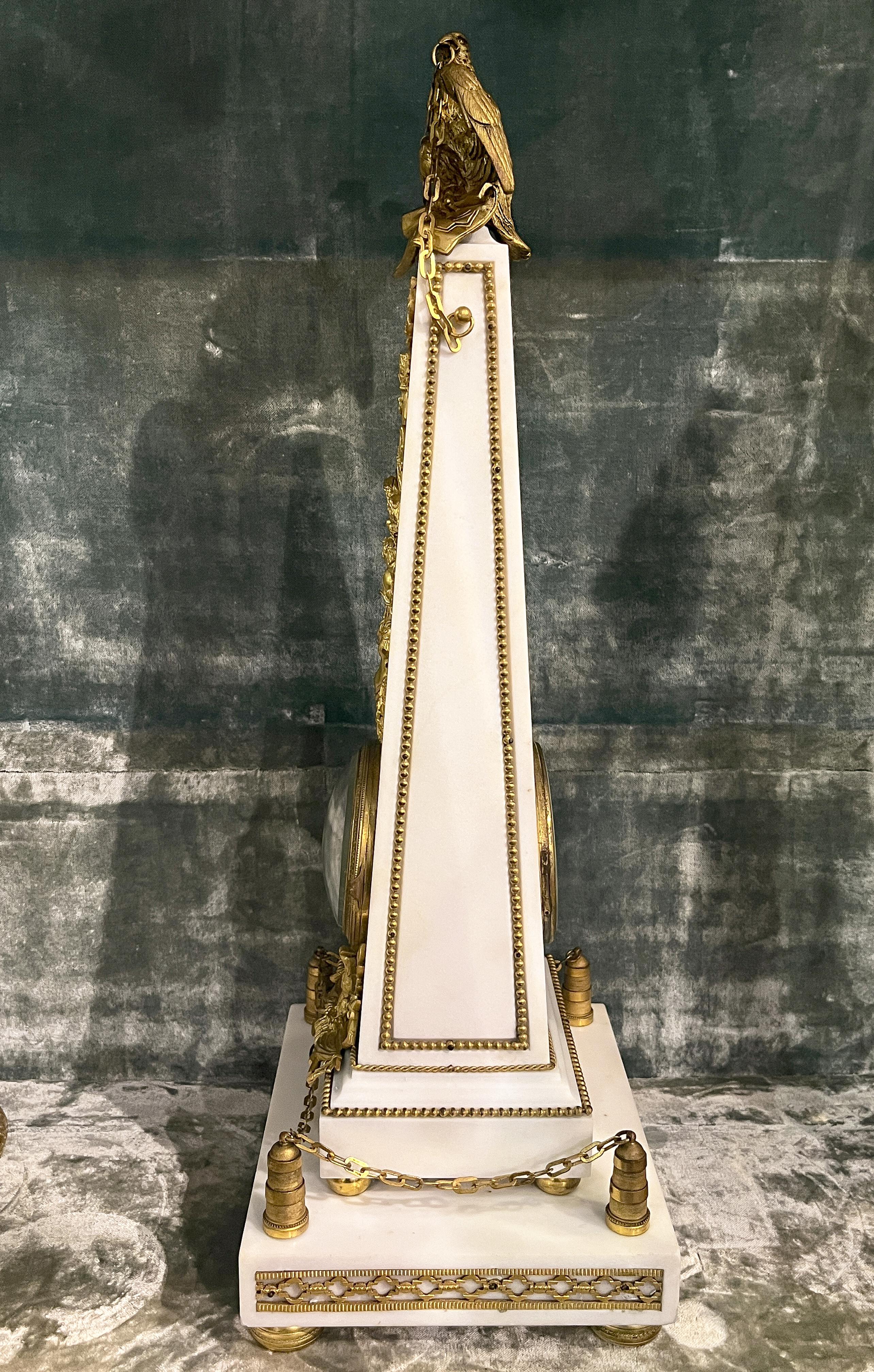 Napoleonic Gilt Bronze and Marble Obelisk Clock For Sale 3
