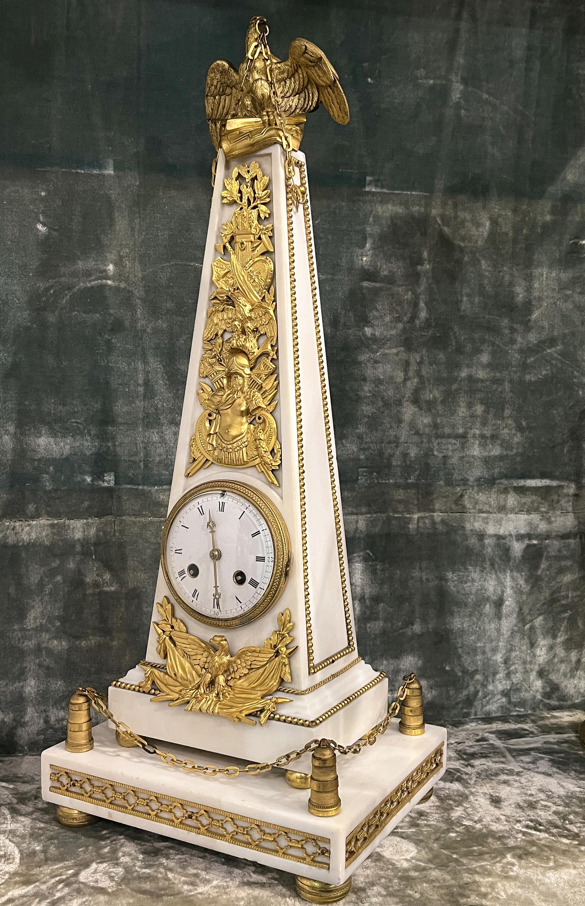 Louis XVI Napoleonic Gilt Bronze and Marble Obelisk Clock For Sale