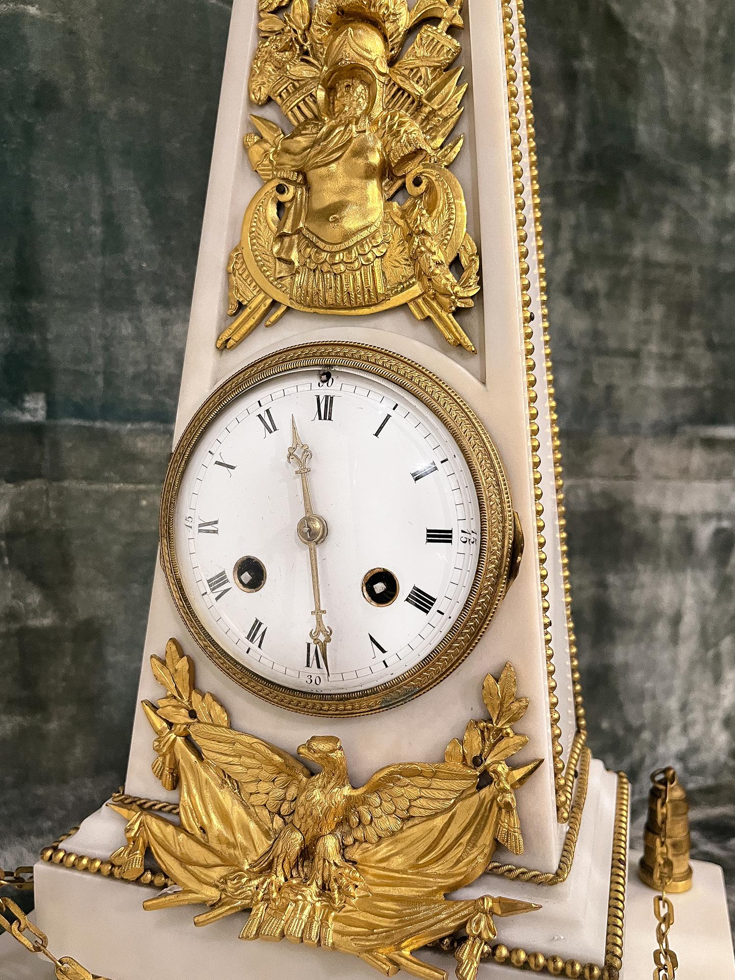 French Napoleonic Gilt Bronze and Marble Obelisk Clock For Sale