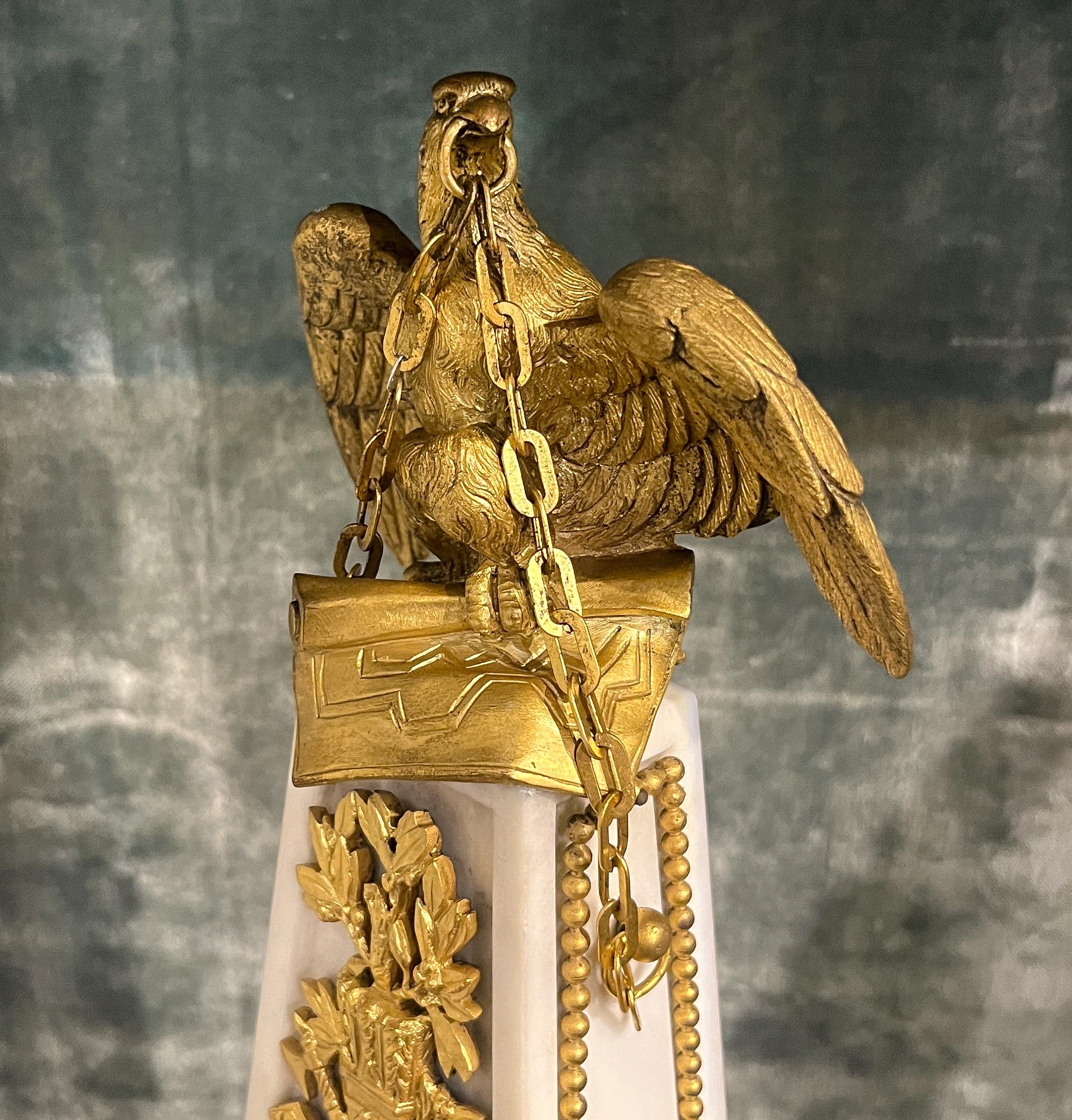 Cast Napoleonic Gilt Bronze and Marble Obelisk Clock For Sale