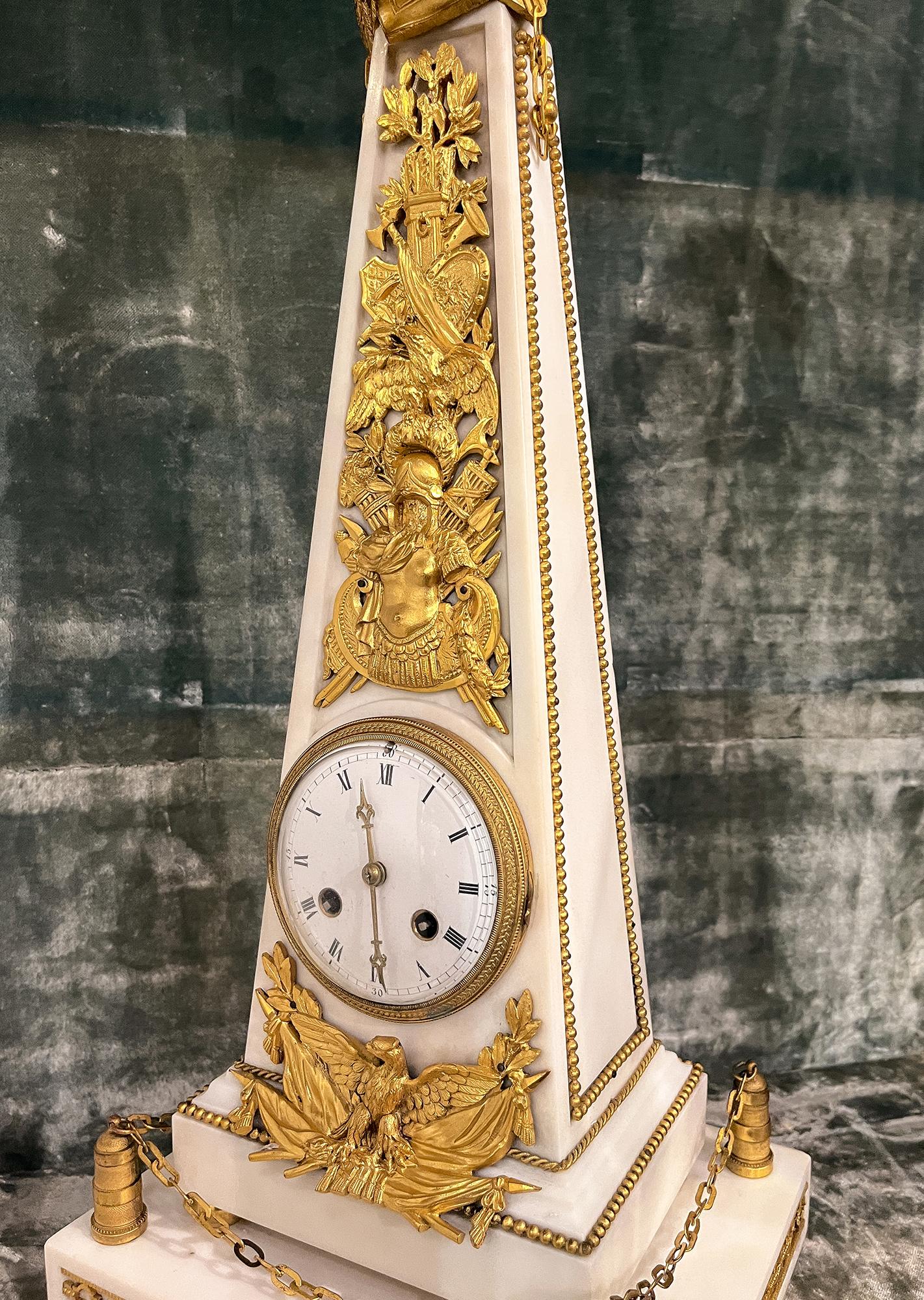 Napoleonic Gilt Bronze and Marble Obelisk Clock In Good Condition For Sale In New York, NY