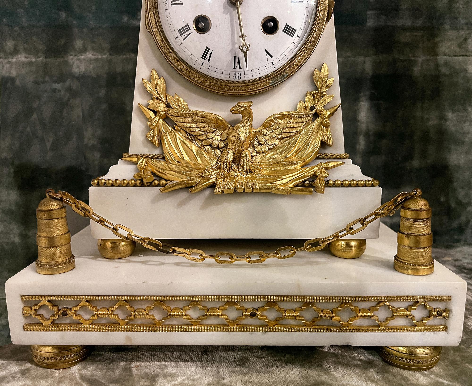 Ormolu Napoleonic Gilt Bronze and Marble Obelisk Clock For Sale