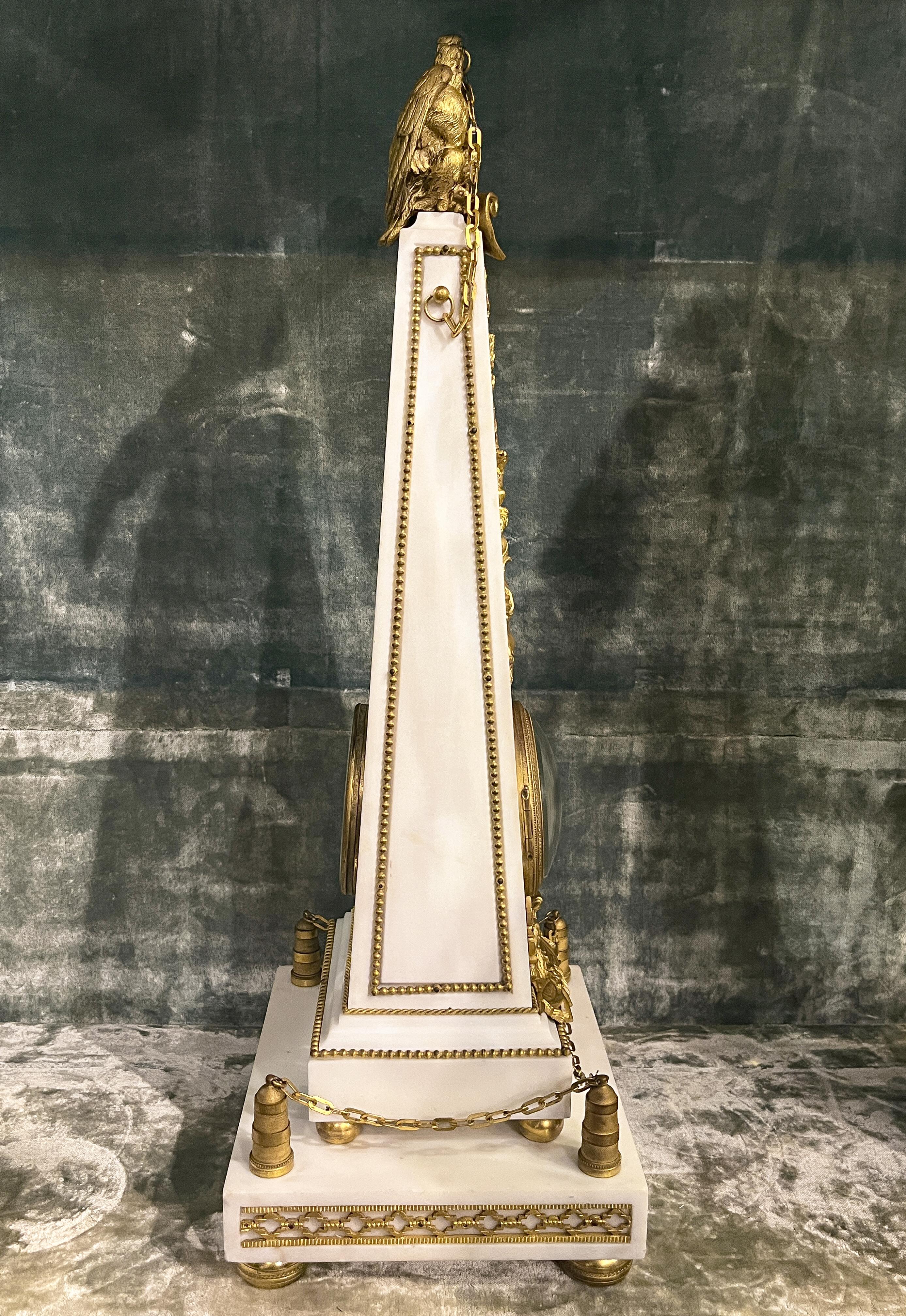 Napoleonic Gilt Bronze and Marble Obelisk Clock For Sale 1