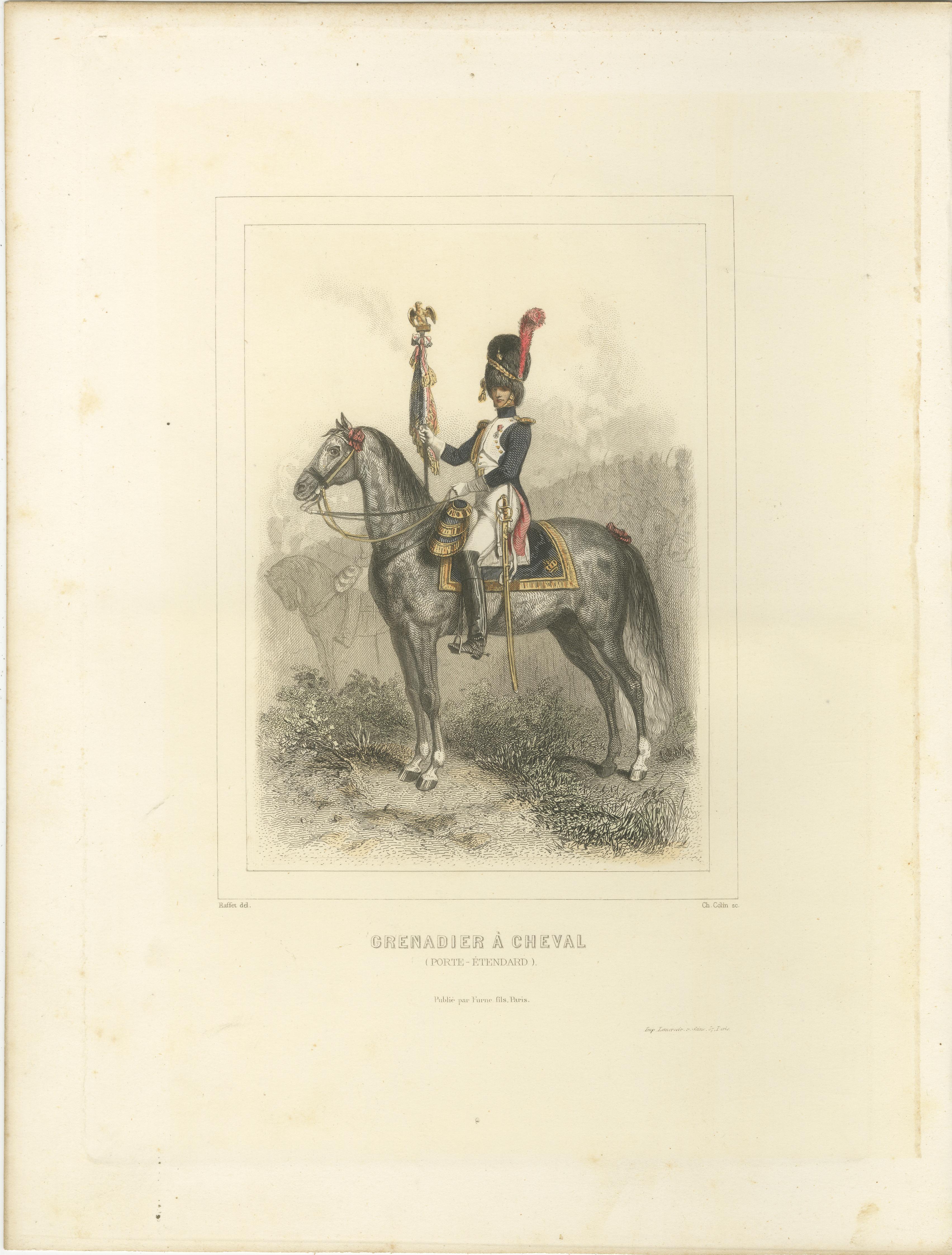 Soldados de la Guardia Napoleónica - Granadero, Infante de Marina y Portaestandarte, 1859

Este elegante conjunto de tres litografías coloreadas a mano muestra los aspectos diversos y ceremoniales de la Guardia Imperial de Napoleón. Estas figuras