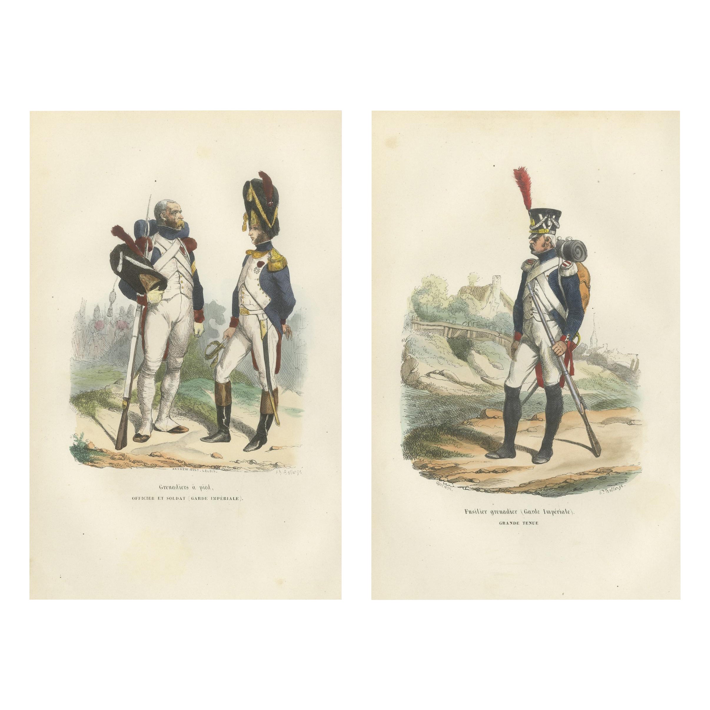 Napoleonic Imperial Guard Grenadiers, Officer and Soldier – French Prints, 1843