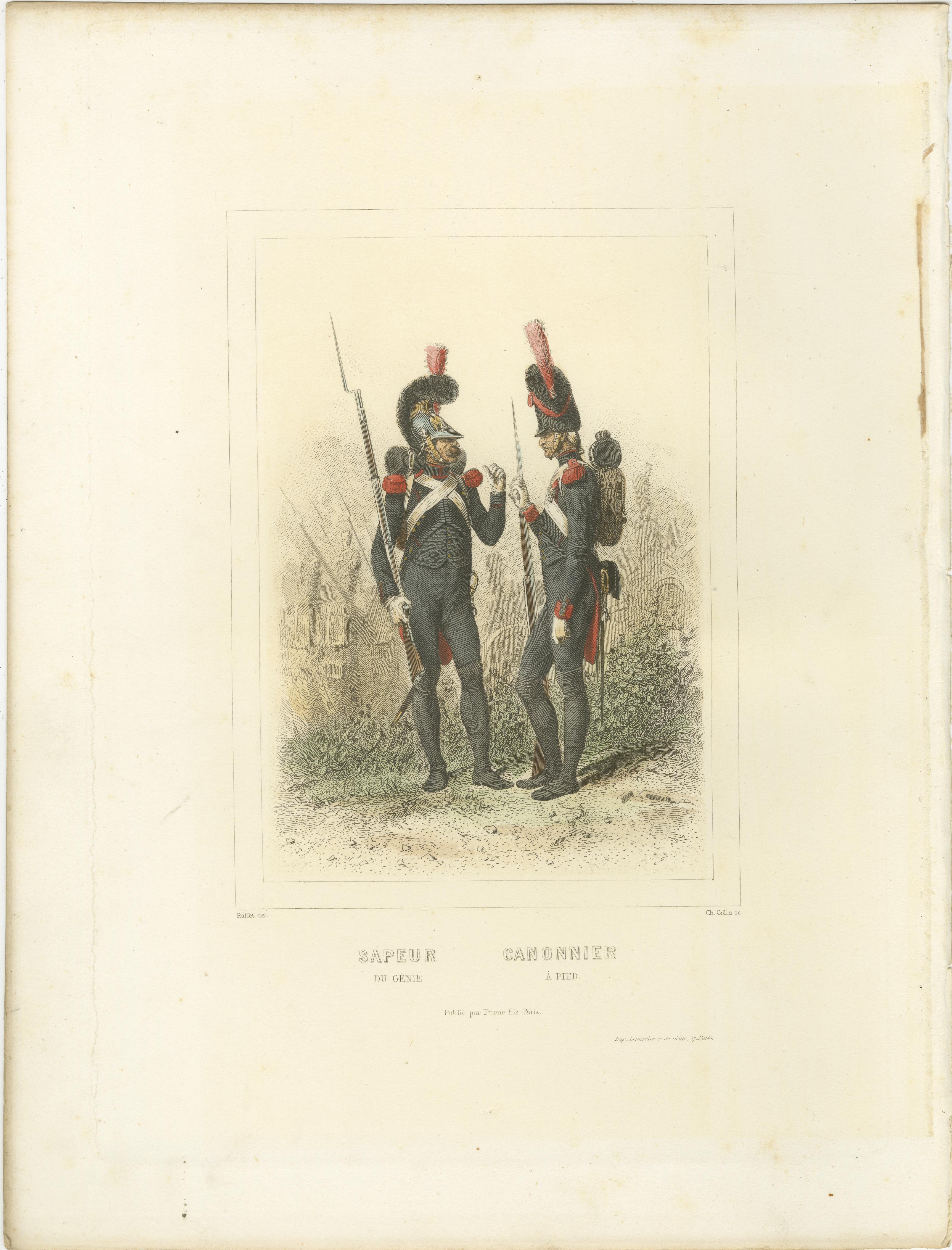 Soldados de Infantería Napoleónica - Zapador, Cañonero, Voltigeur, Fusilero, 1859

Este detallado conjunto de tres litografías coloreadas a mano presenta a soldados de infantería de la Guardia Imperial de Napoleón, representados en acción y en