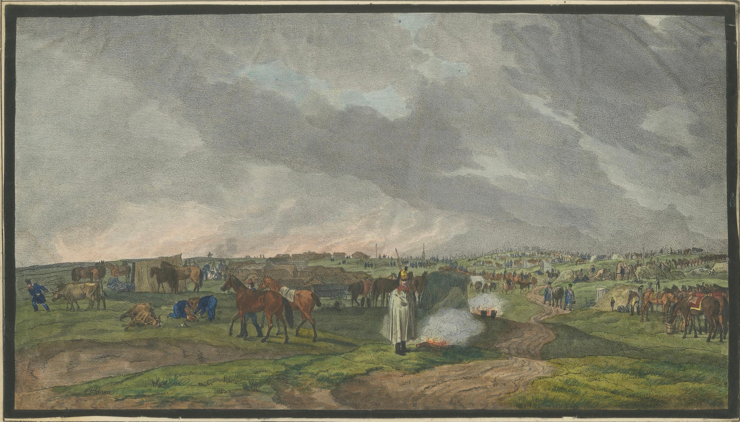 Napoleonic Military Encampment - Hand-Coloured Panoramic Aquatint, c1810