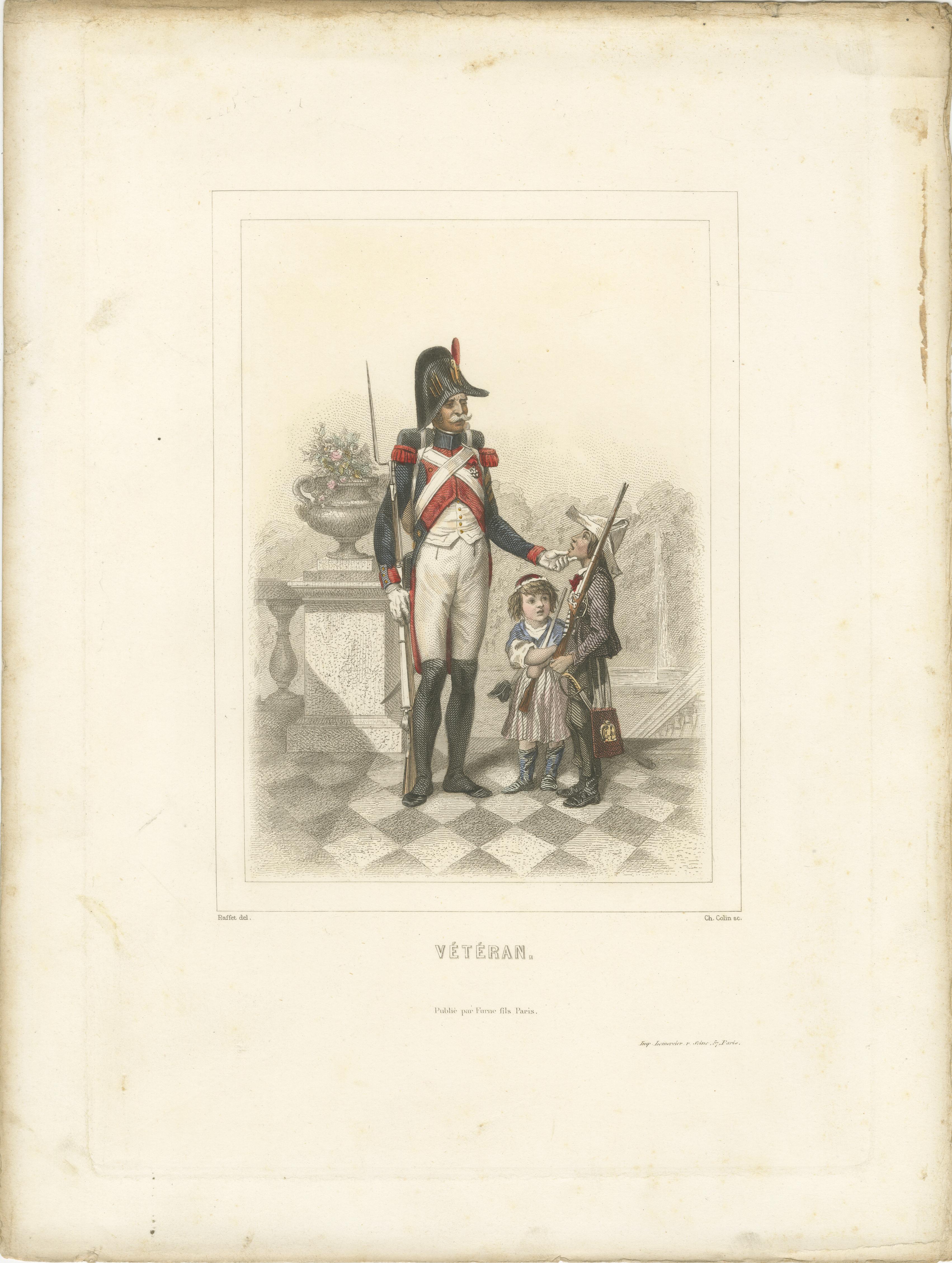 Uniformes militares napoleónicos - Caballería, artillería y veteranos franceses, 1859

Este conjunto finamente compuesto de tres litografías coloreadas a mano presenta figuras uniformadas de la Guardia Imperial de Napoleón, captadas con exquisito