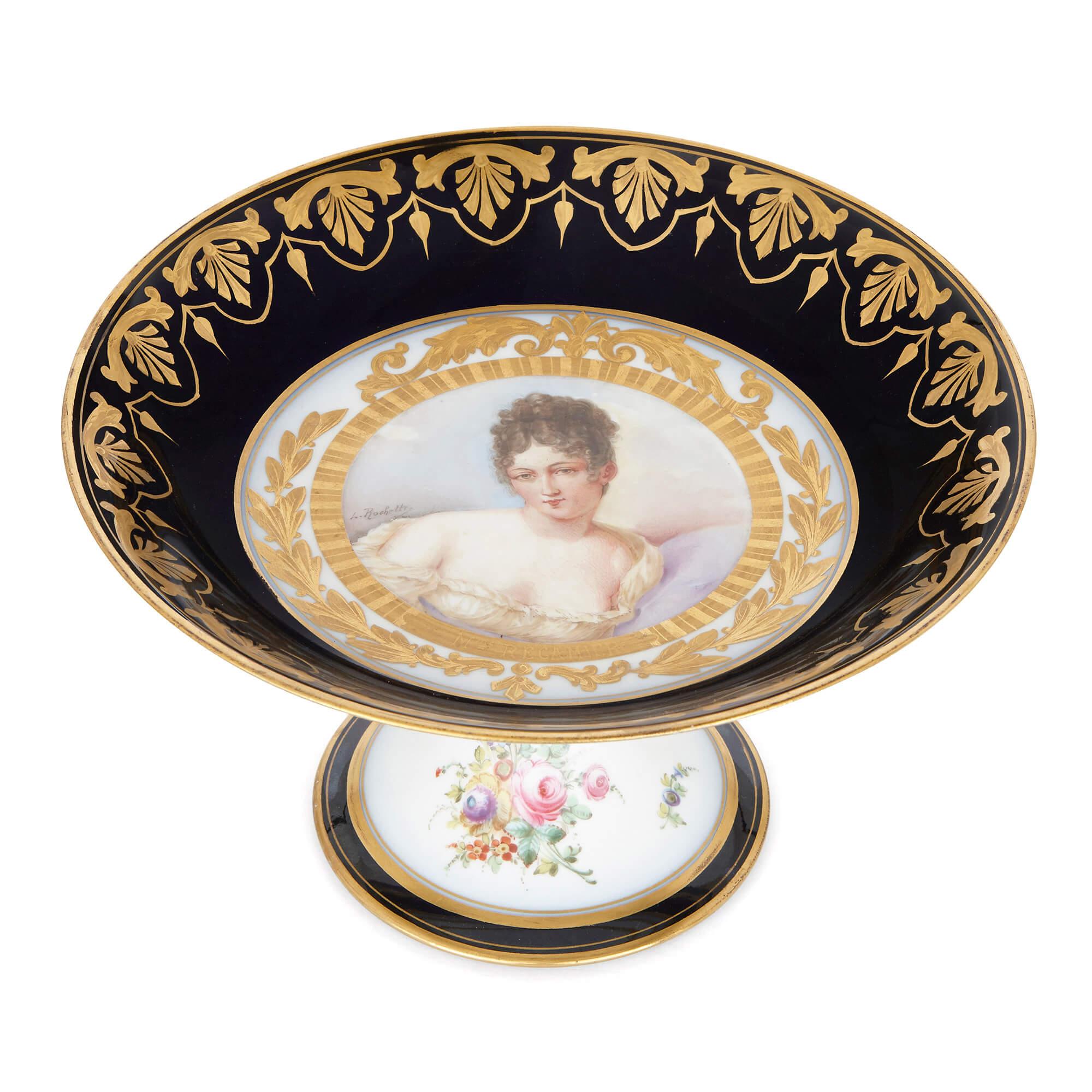 This luxurious dessert service is a fascinating piece of history as well as an exceptional work of porcelain in the Sevres style: each piece is individually decorated with the portrait bust of an important figure from the Napoleonic era in