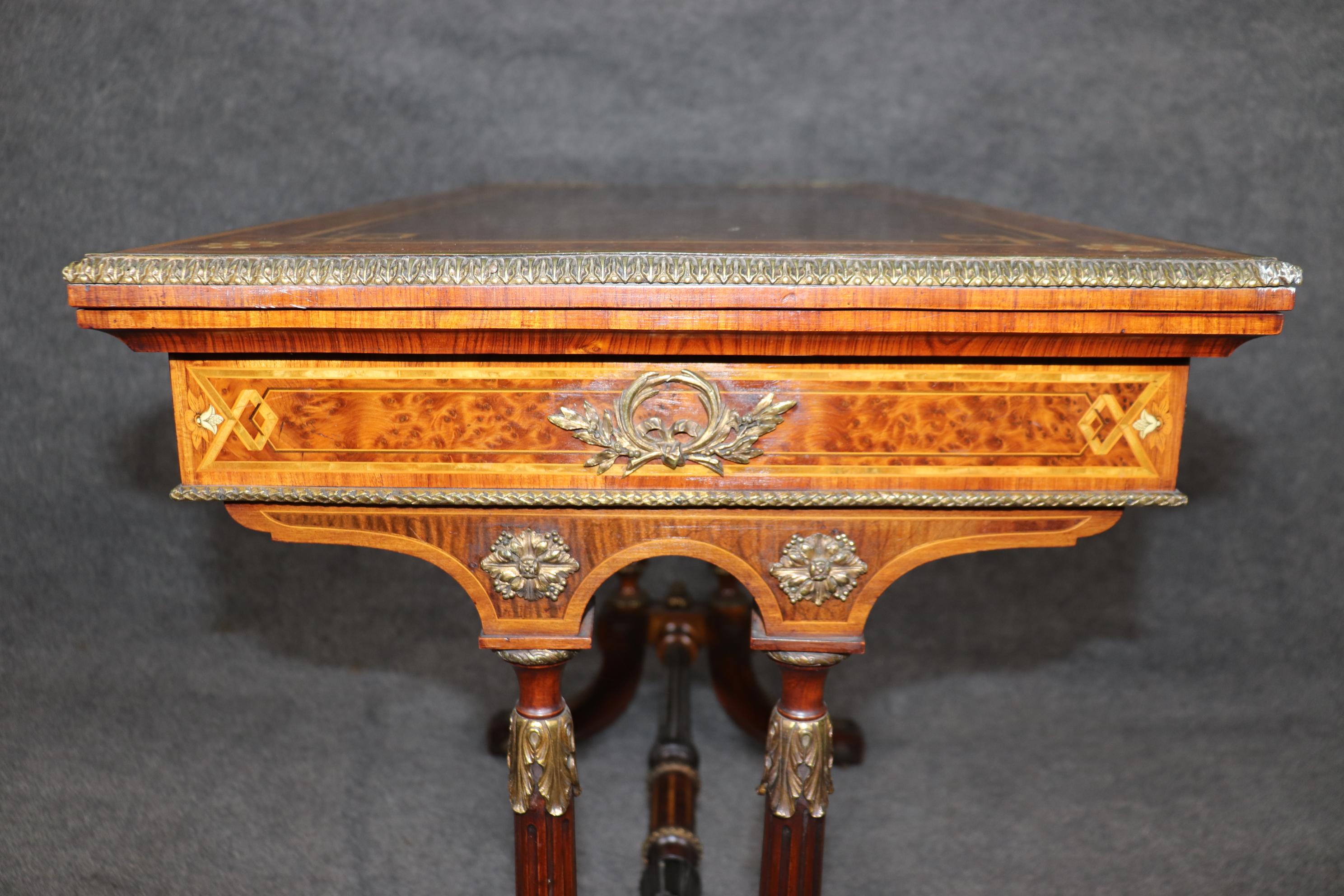 Napoleonic Style Burled Walnut Bronze Mounted French Inlaid Flip Top Game Table For Sale 8