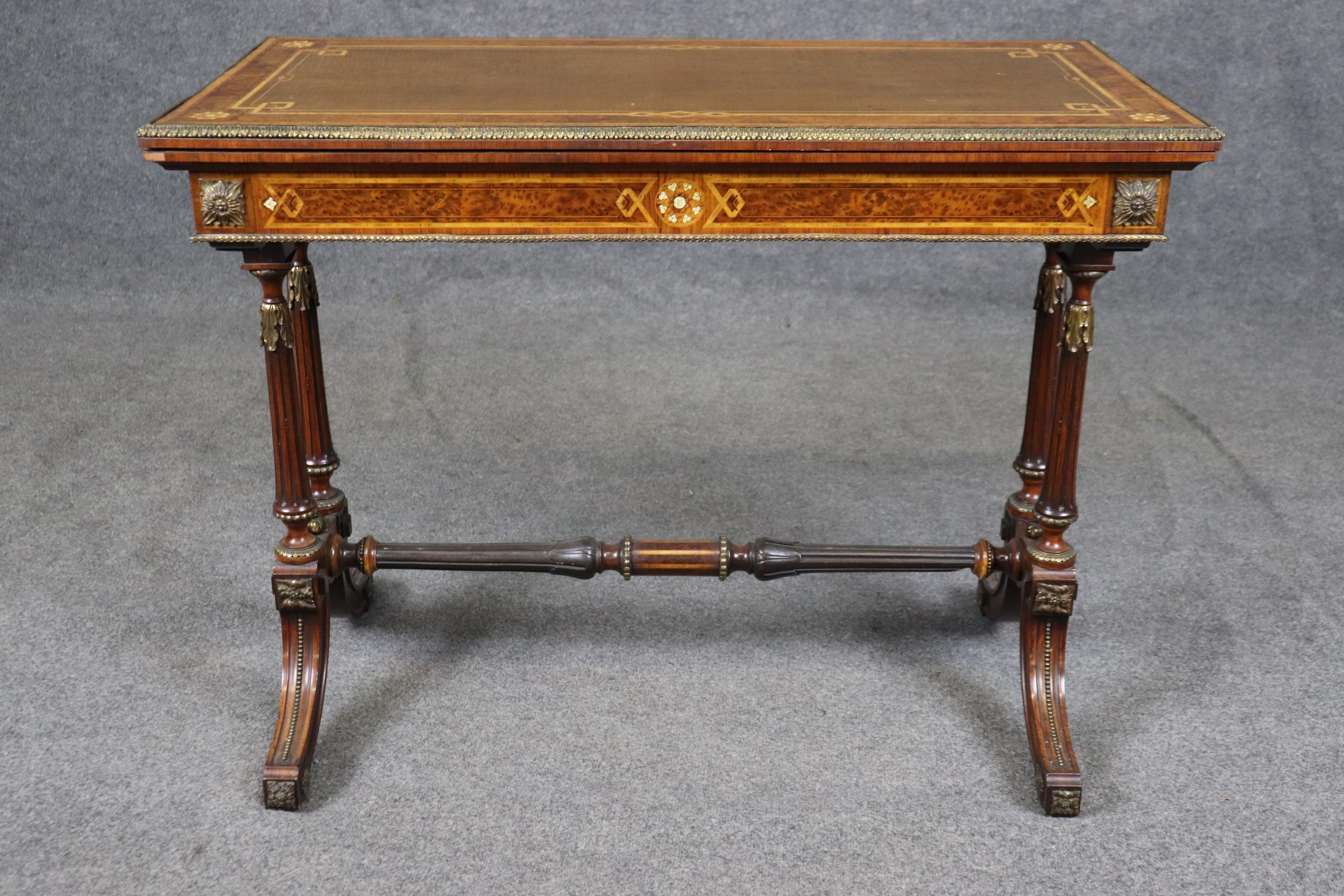 Napoleonic Style Burled Walnut Bronze Mounted French Inlaid Flip Top Game Table In Good Condition For Sale In Swedesboro, NJ