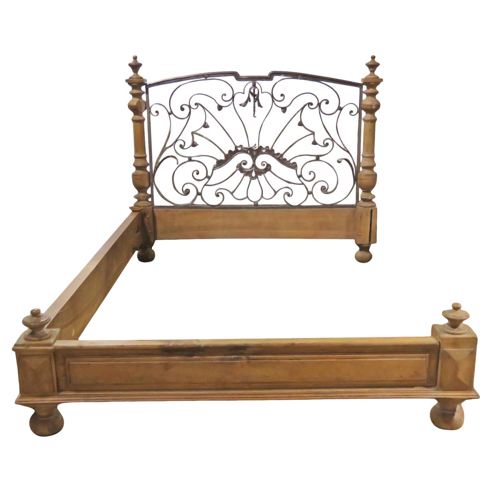 Napoleonic Style Solid Walnut and Iron Queen Width Bed Circa 1820s For Sale