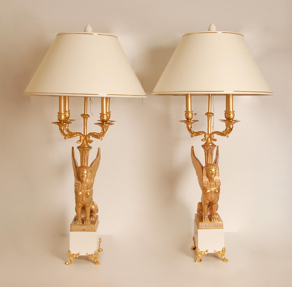 Empire Table Lamps Egyptian revival Bois Dore Bouilotte lamps Napoleonic pair (Spanisch) im Angebot
