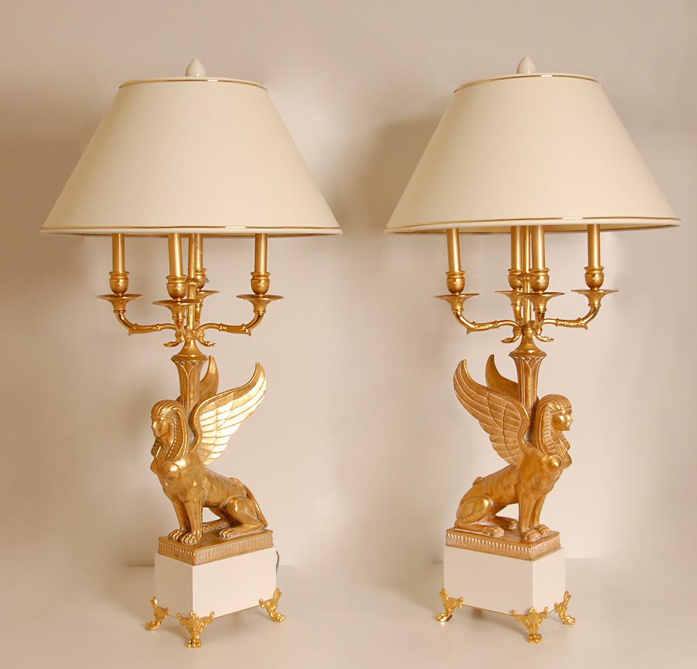 Empire Table Lamps Egyptian revival Bois Dore Bouilotte lamps Napoleonic pair (Gegossen) im Angebot