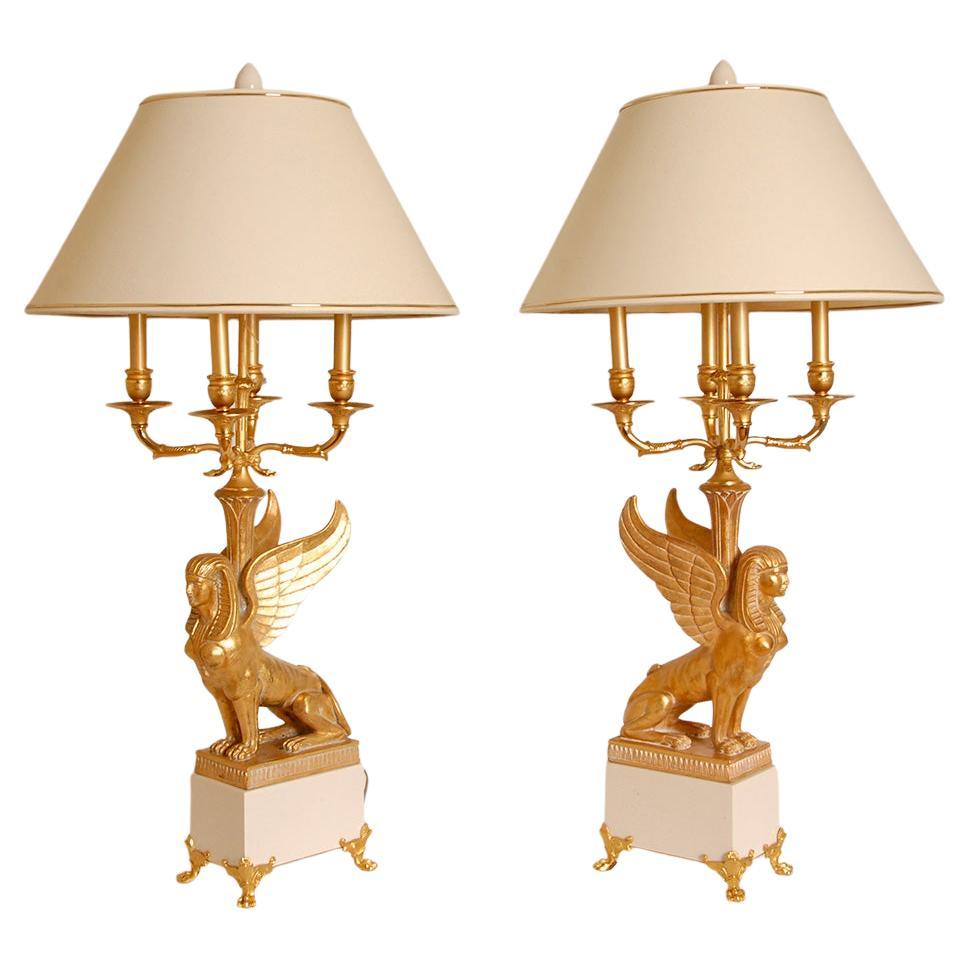 Empire Table Lamps Egyptian revival Bois Dore Bouilotte lamps Napoleonic pair