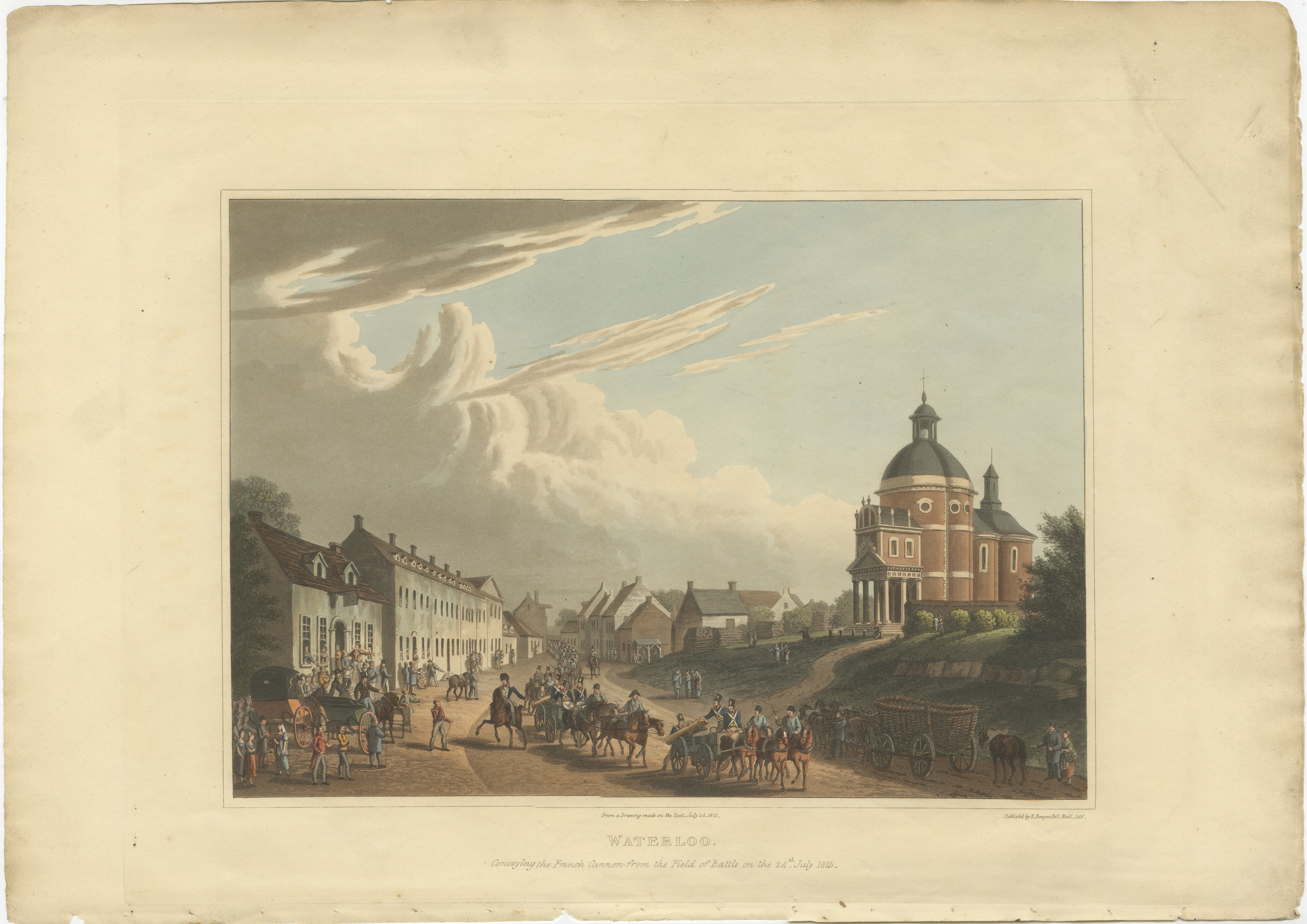 Napoleons Niederlage bei Waterloo: Beschlagnahmte und transportierte französische Kanonen, Juli 1815  

Dieser fein gearbeitete Stich, der 1816 veröffentlicht wurde, hält einen bedeutenden Moment nach der Schlacht von Waterloo fest. Die Szene, die