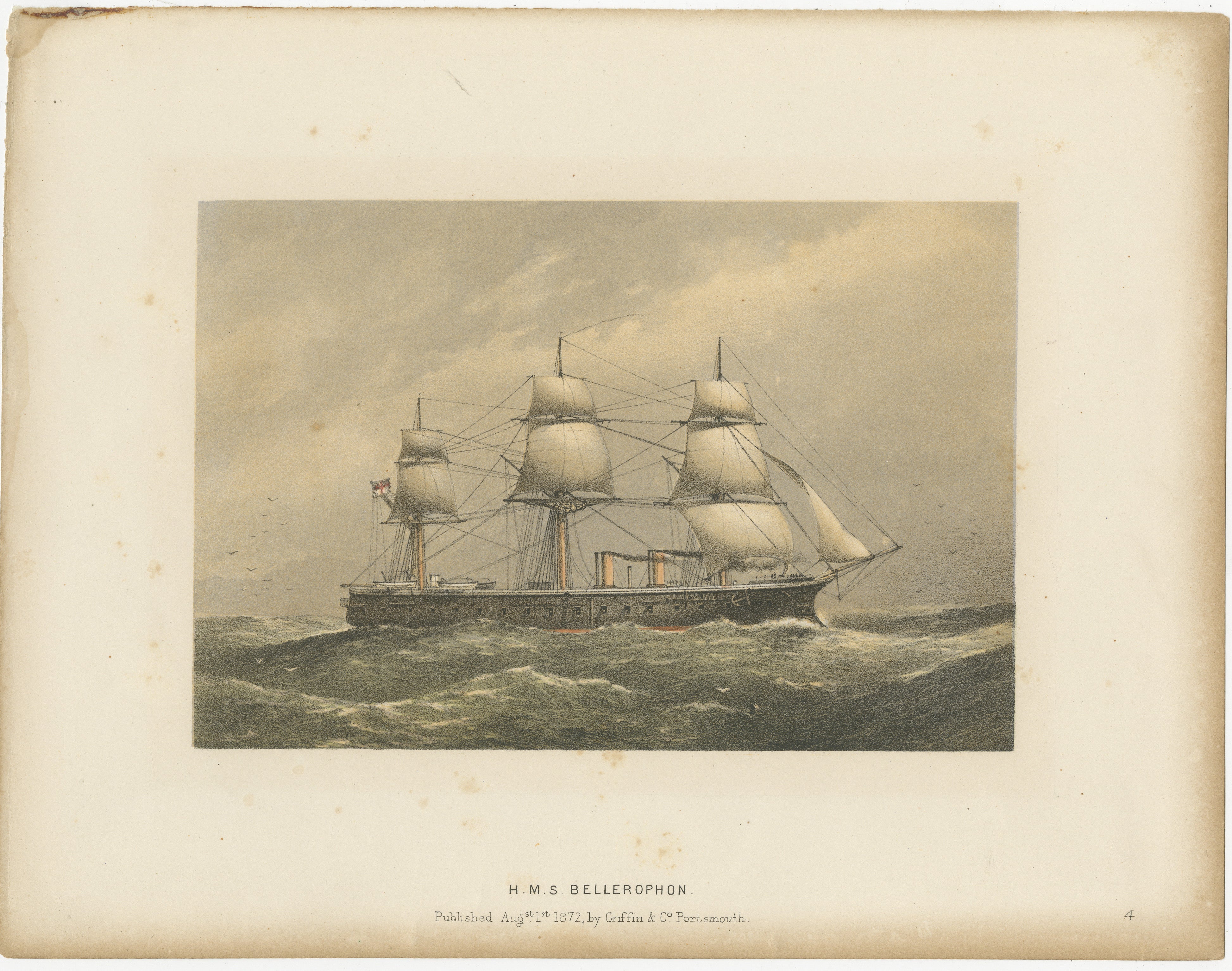 This original antique image is a print depicting the H.M.S. Bellerophon, a ship of the British Royal Navy. The print is rendered in a monochromatic color scheme with subtle hand coloring, which was a common technique in the 19th century to add