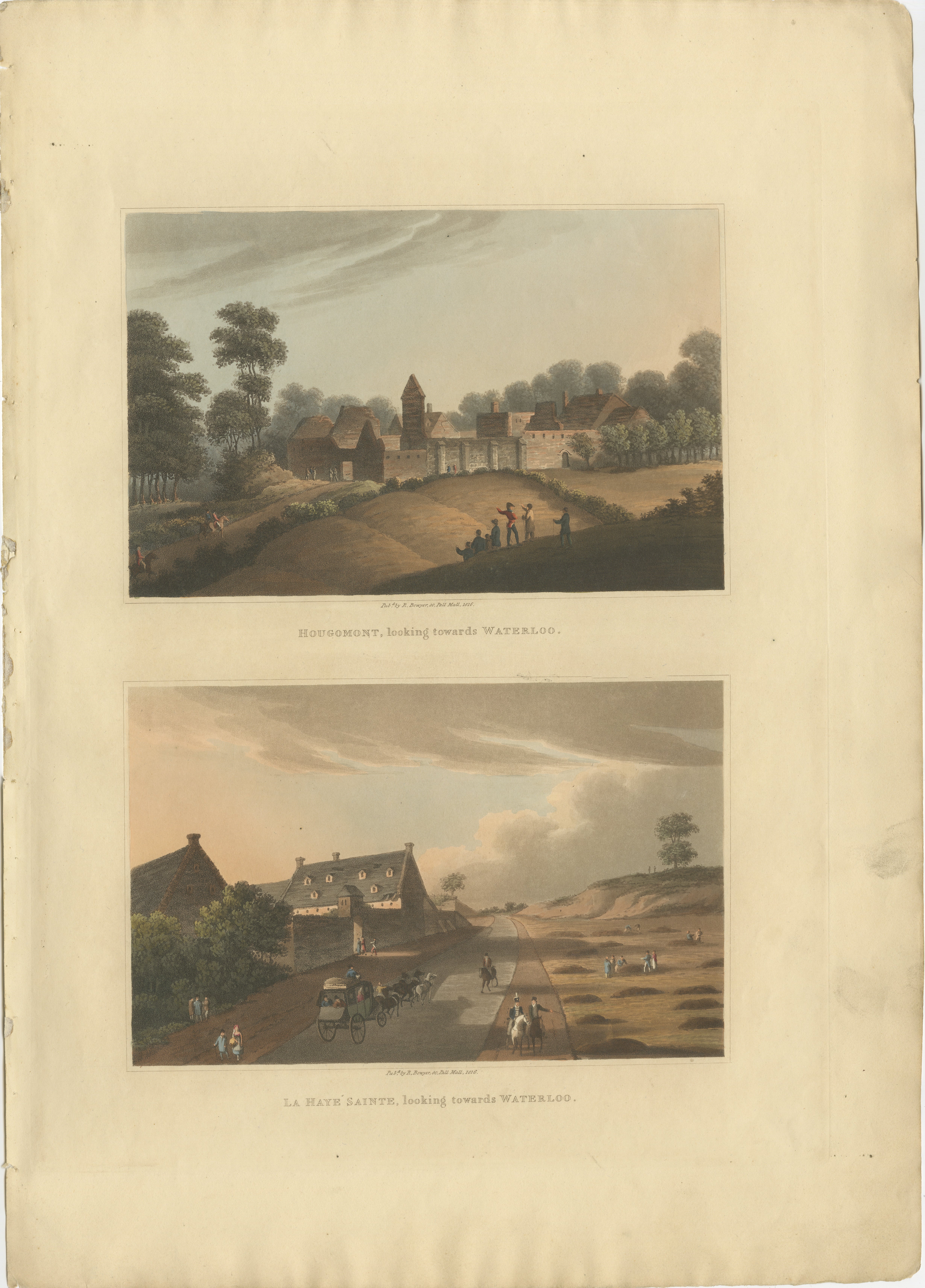 Napoleon’s Last Stand: Views of Hougoumont and La Haye Sainte After Waterloo  

Description:  

This rare engraving, published in 1816 as part of *The Campaign of Waterloo*, presents two crucial locations from the Battle of Waterloo: Hougoumont and