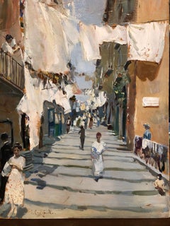 Napoli Pallonetto Veduta Popolare Peinture italienne des années 1950 signée Cangiullo F.