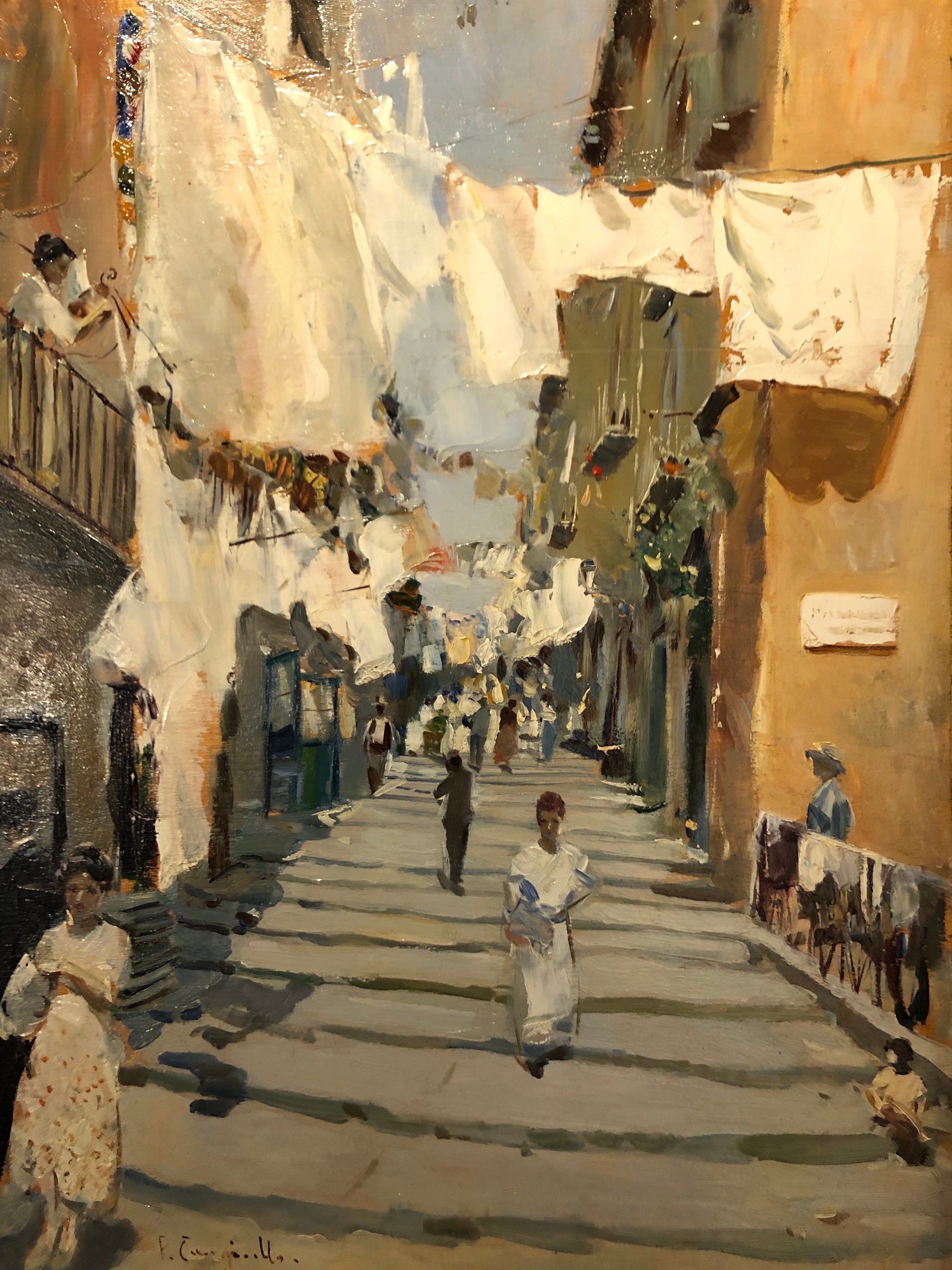 Naples Pallonetto Popular View 1950s Italian painting signed Cangiullo F.