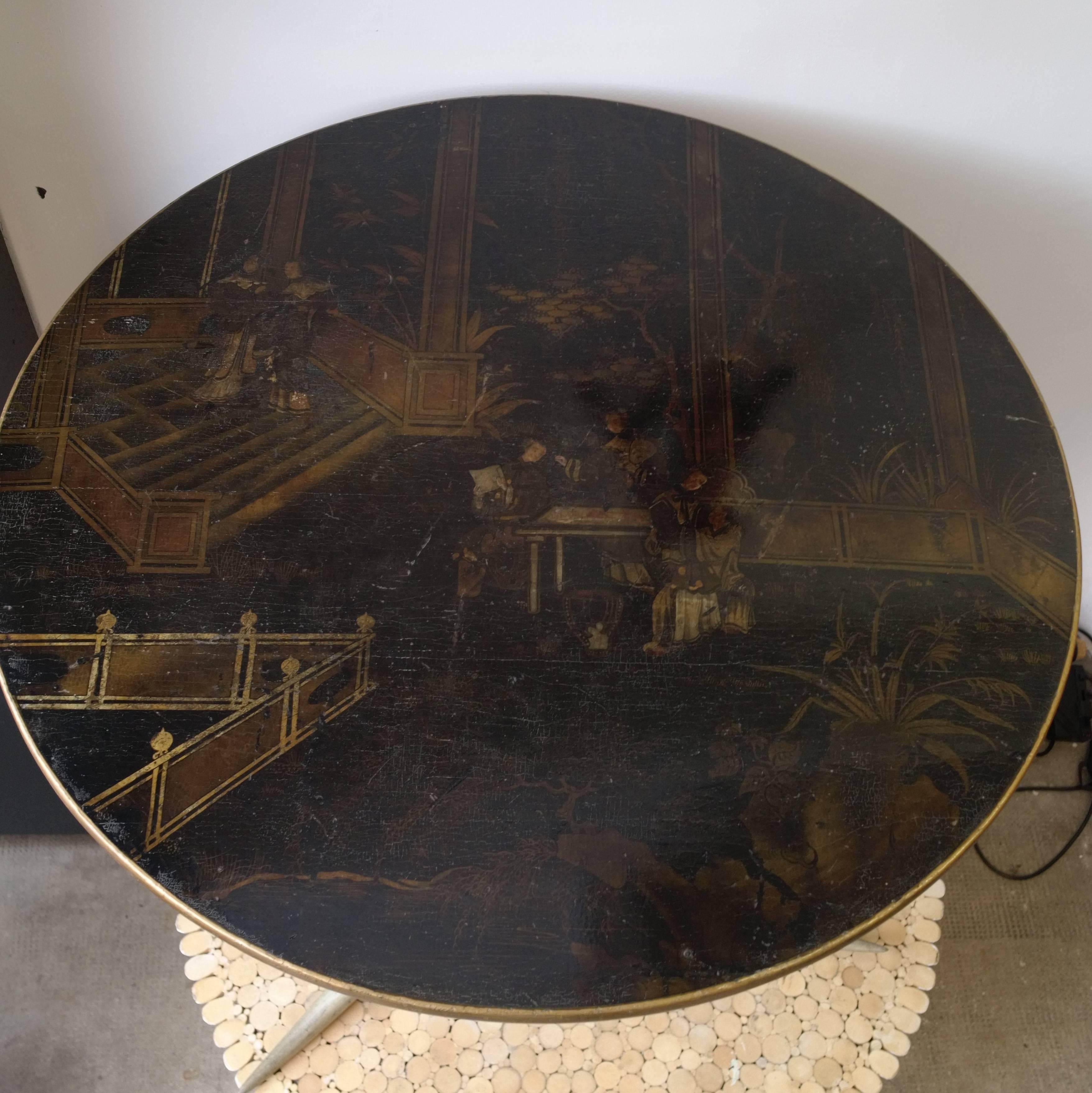 19th Century Napoleon III Tripod Table, Chinese Lacquered Decor Tilting Tray and Horn Feet