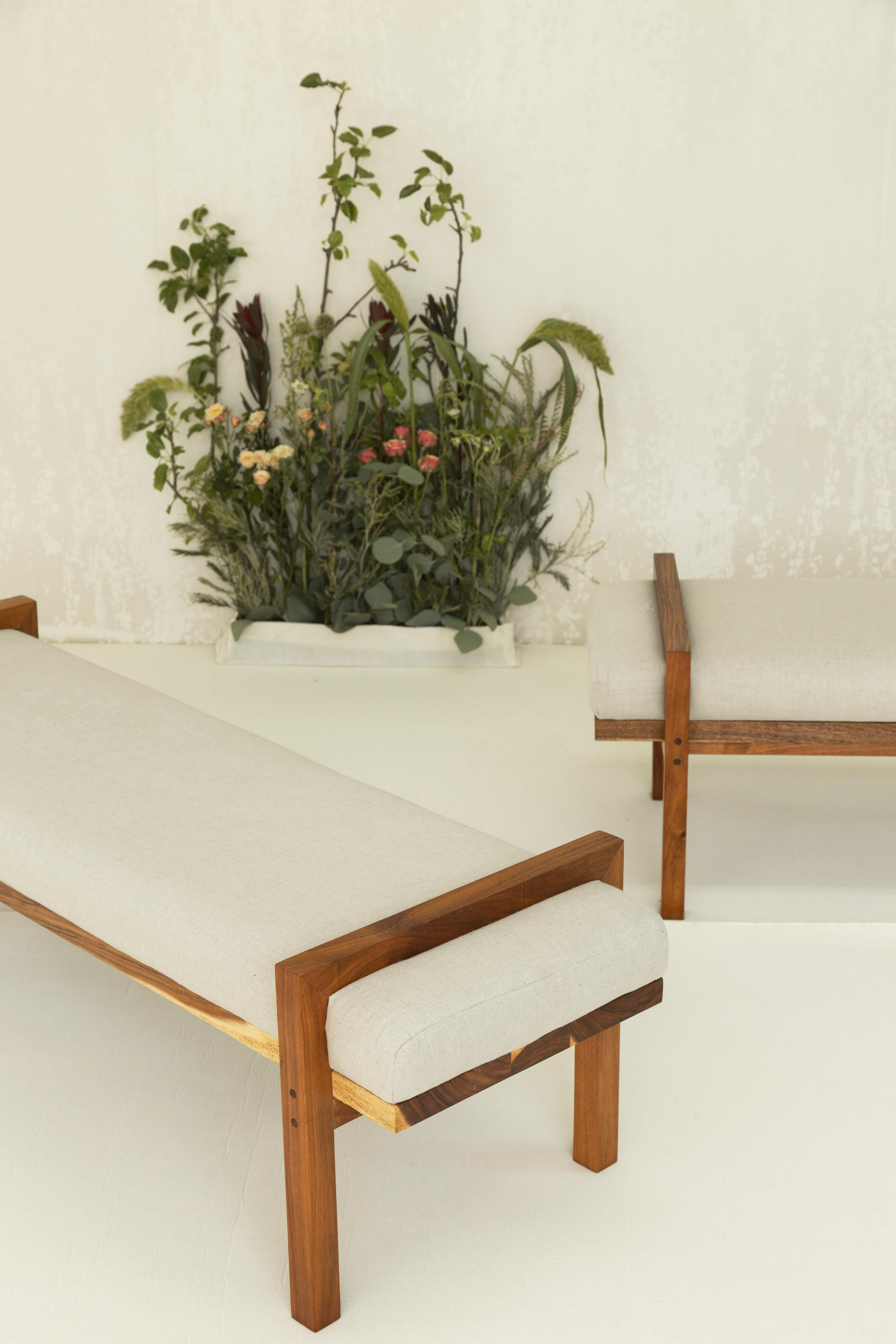 Mid-Century Modern Nara Bench Made in Tzalam Wood and Linen Upholstery by Tana Karei For Sale