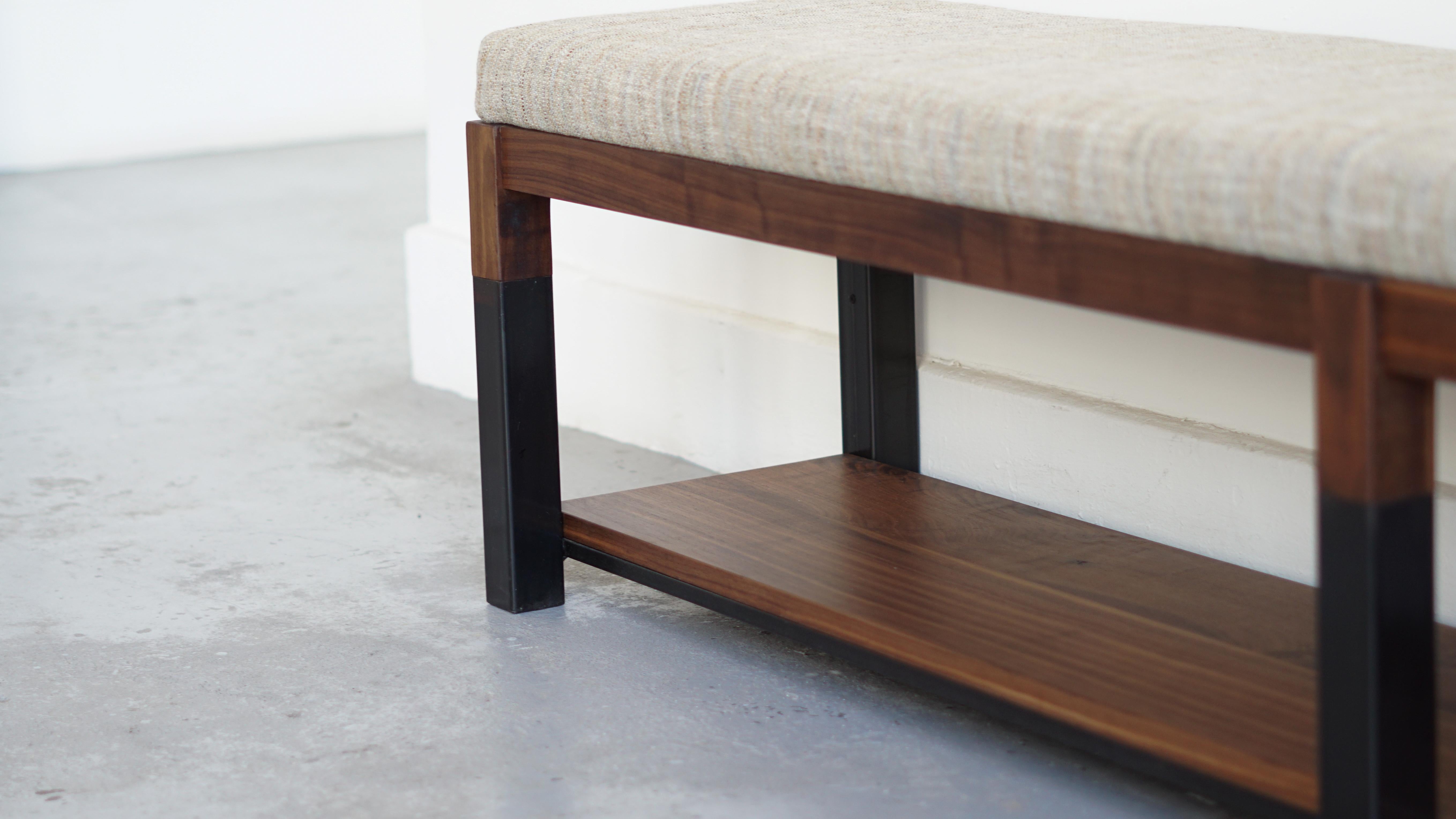 Patinated Nara Bench Modern Walnut and Steel Bench with Upholstered Top For Sale