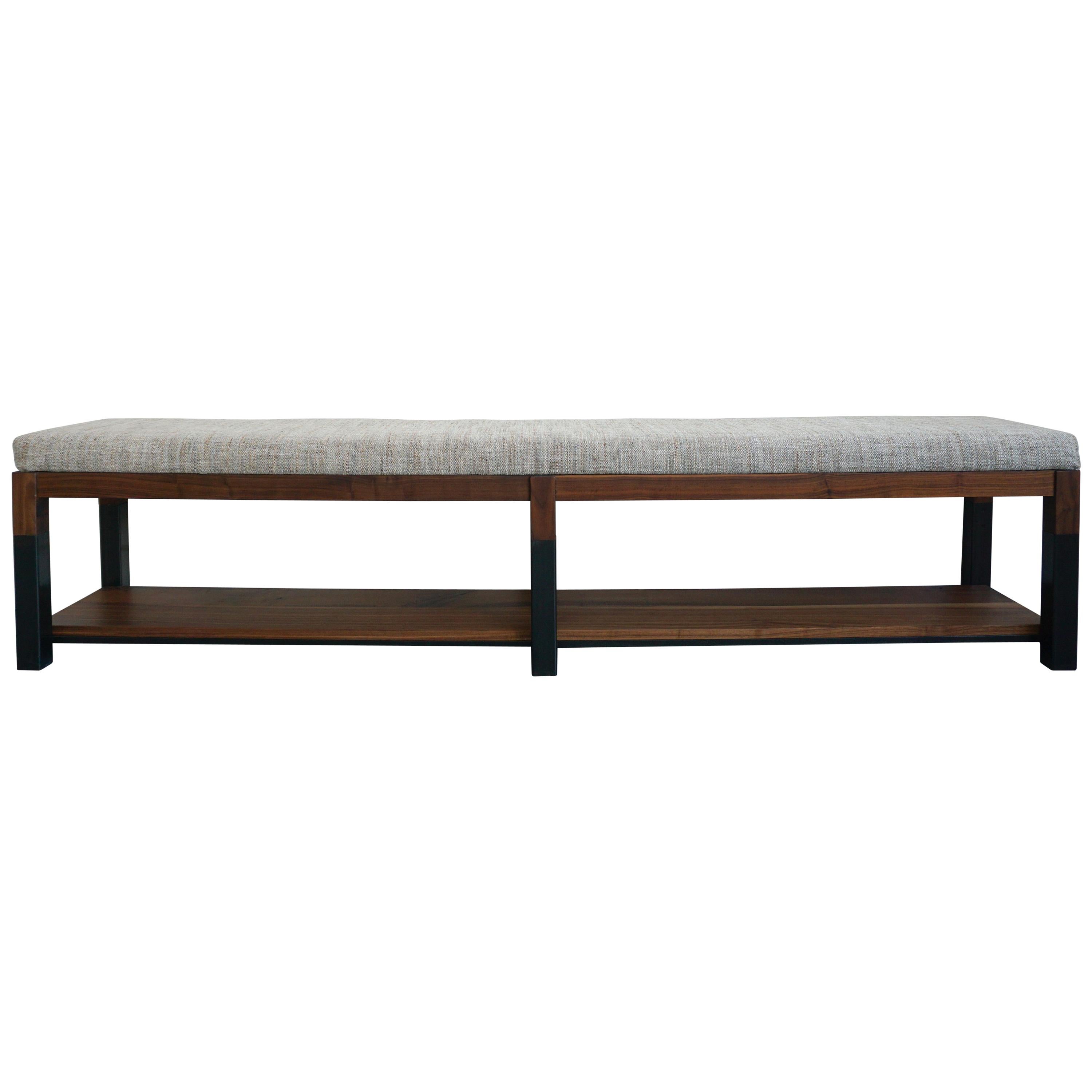 Nara Bench Modern Walnut and Steel Bench with Upholstered Top For Sale