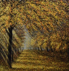 Sunlight dyes the leaves golden - Pointillism tLandscape by the Thailand artist