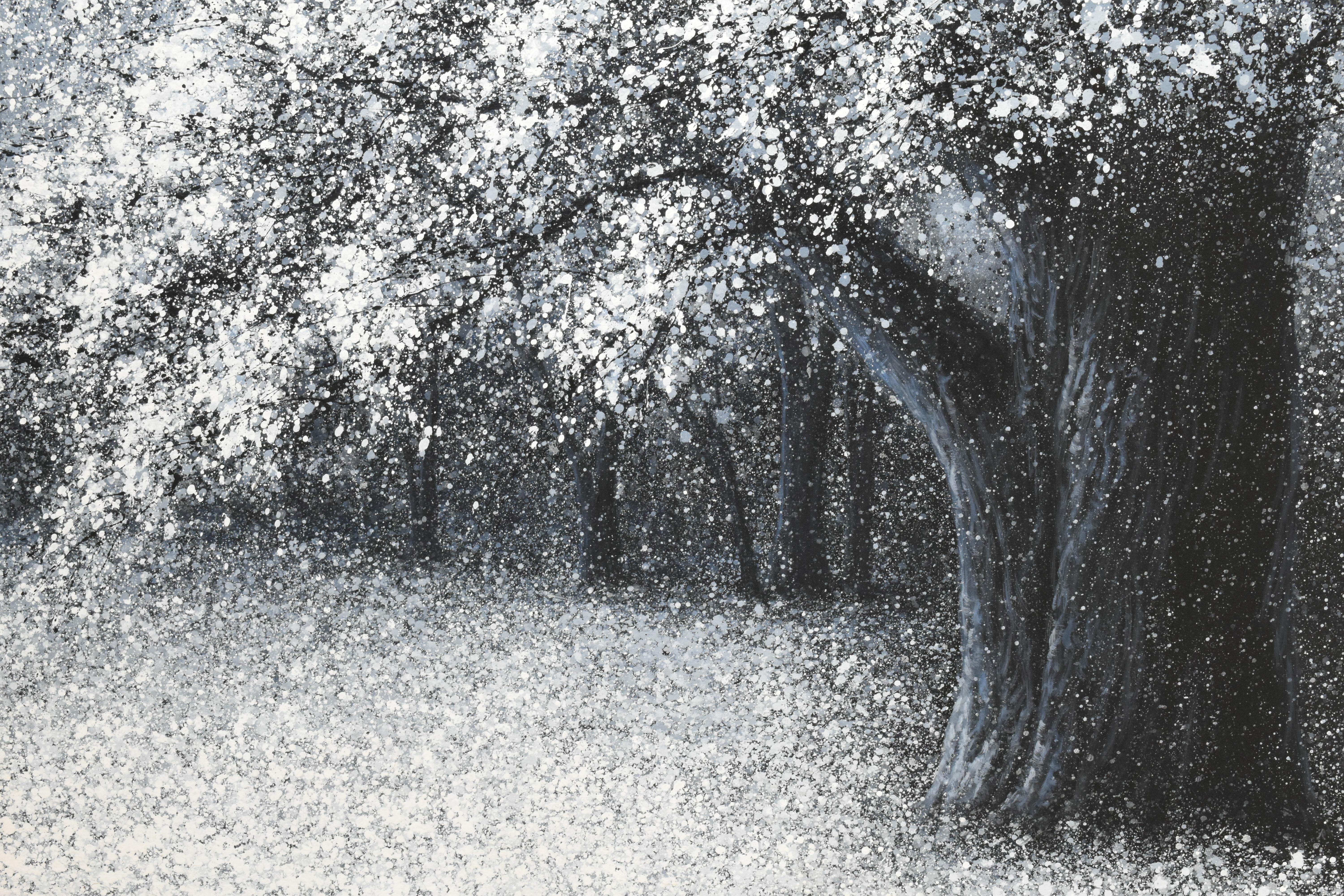 White Snow Winter Forest in Calm-Pointillism Landscape by the Thailand artist - Pointillist Painting by Narate Kathong