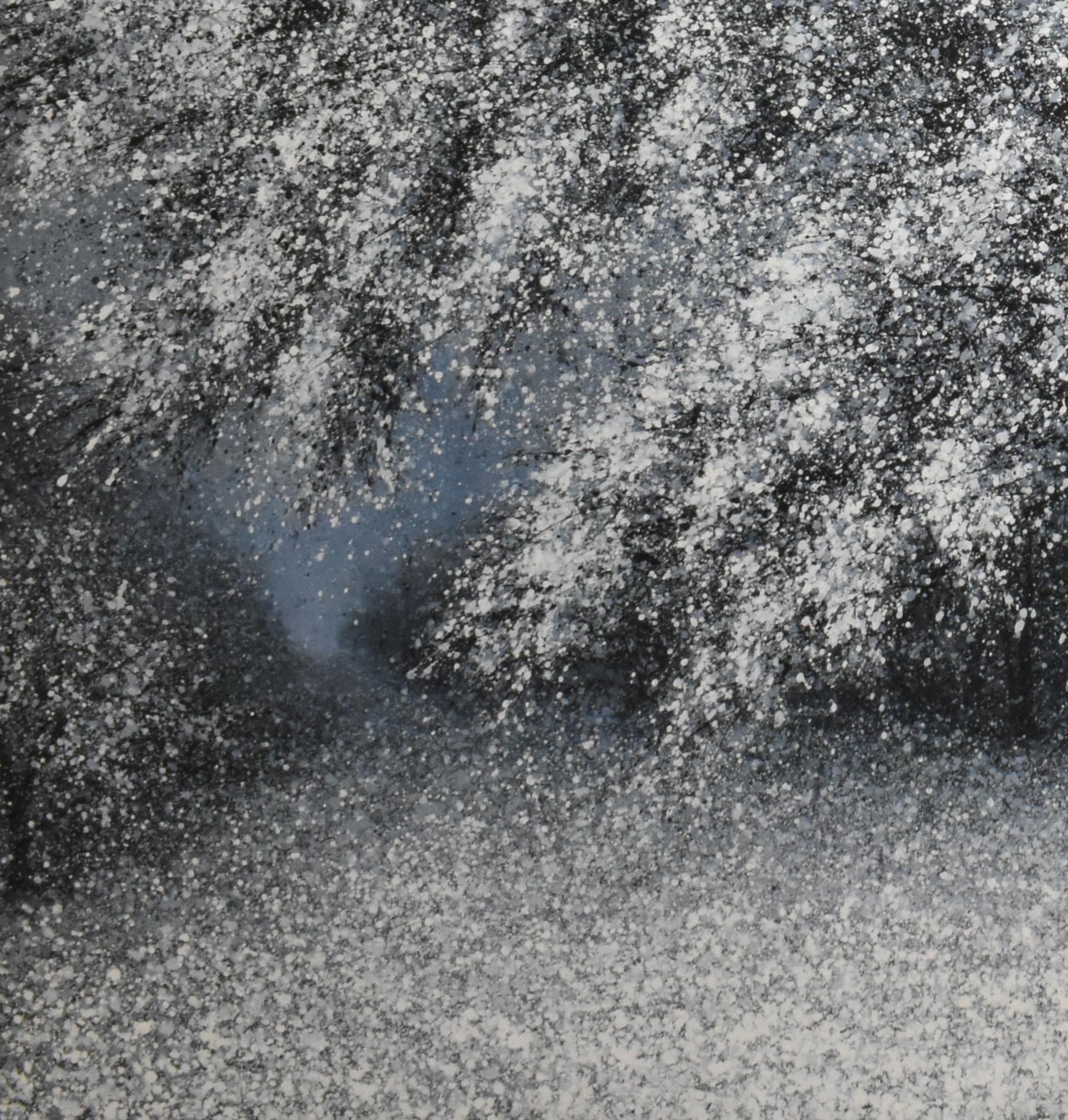 White Snow Winter Forest in Calm-Pointillism Landscape by the Thailand artist - Gray Landscape Painting by Narate Kathong