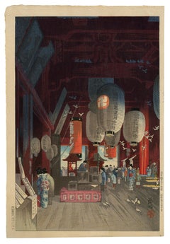 Intérieur du temple Kannon à Asakusa" - Édition ancienne d'une gravure sur bois des années 1930