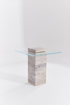 Block Form Silver Travertine Side Table with Transparent Glass Top by RAFFINATO