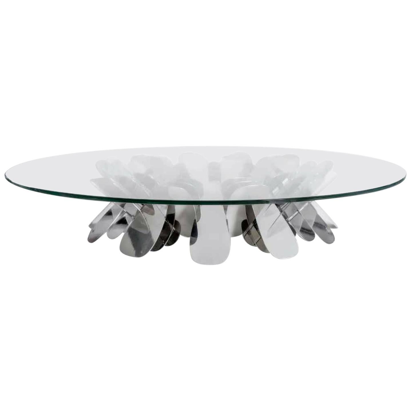 Contemporary Glass Center Table in Polished Stainless Steel For Sale