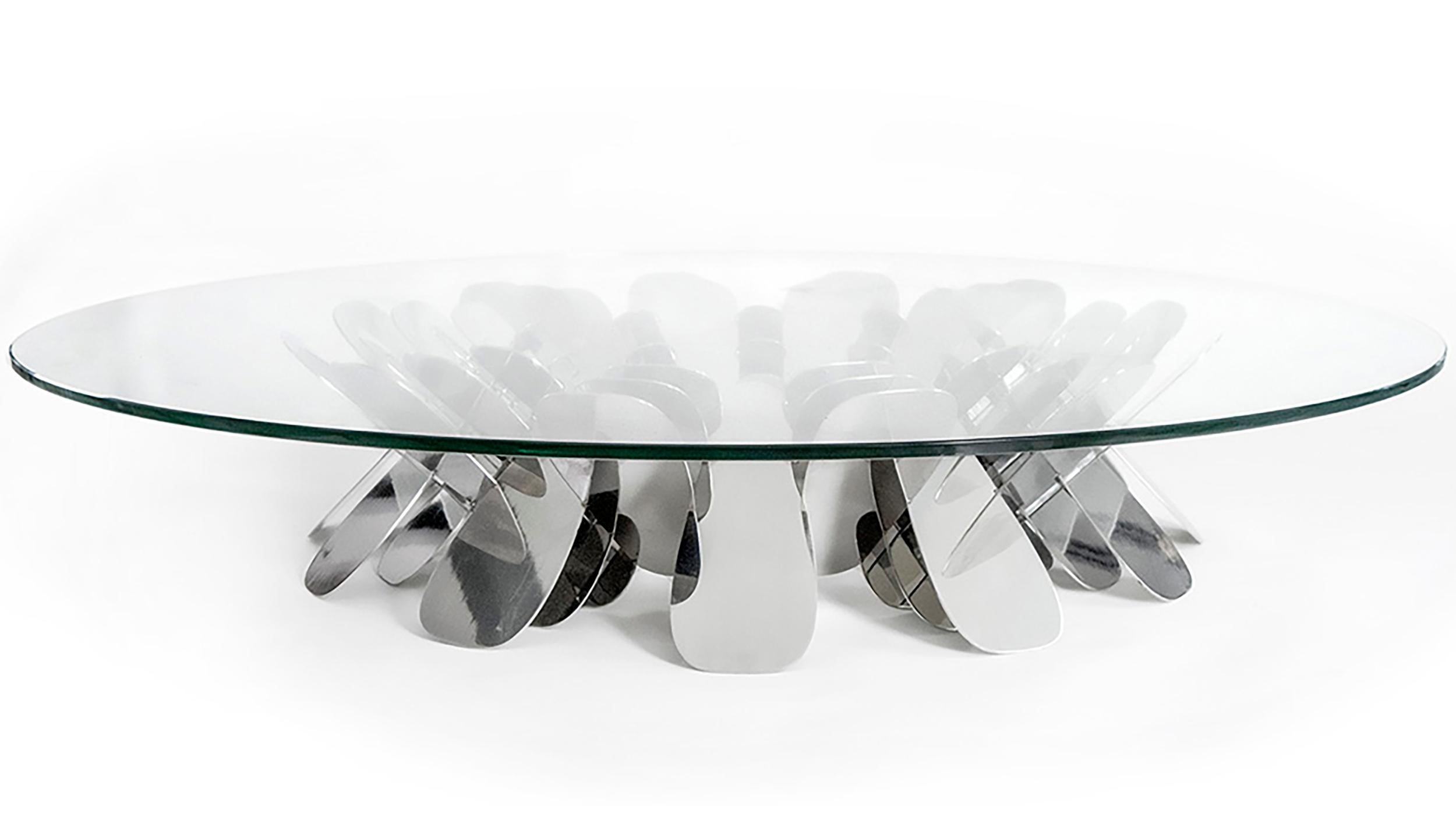 Narciso, Sculptural geometric stainless steel center table by Pedro Cerisola For Sale 2