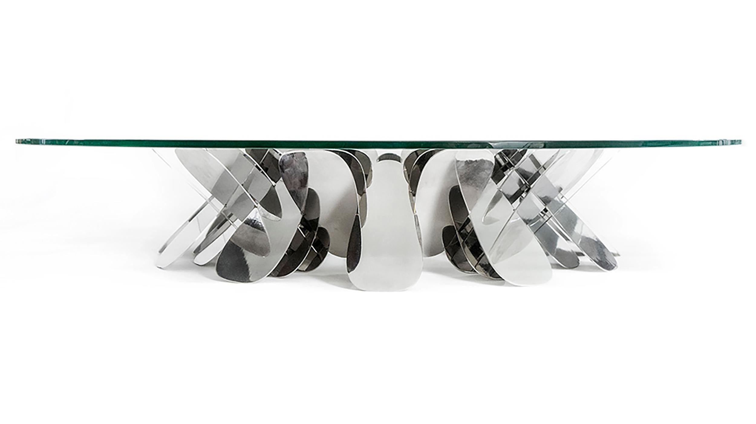 Narciso, Sculptural geometric stainless steel center table by Pedro Cerisola For Sale 1