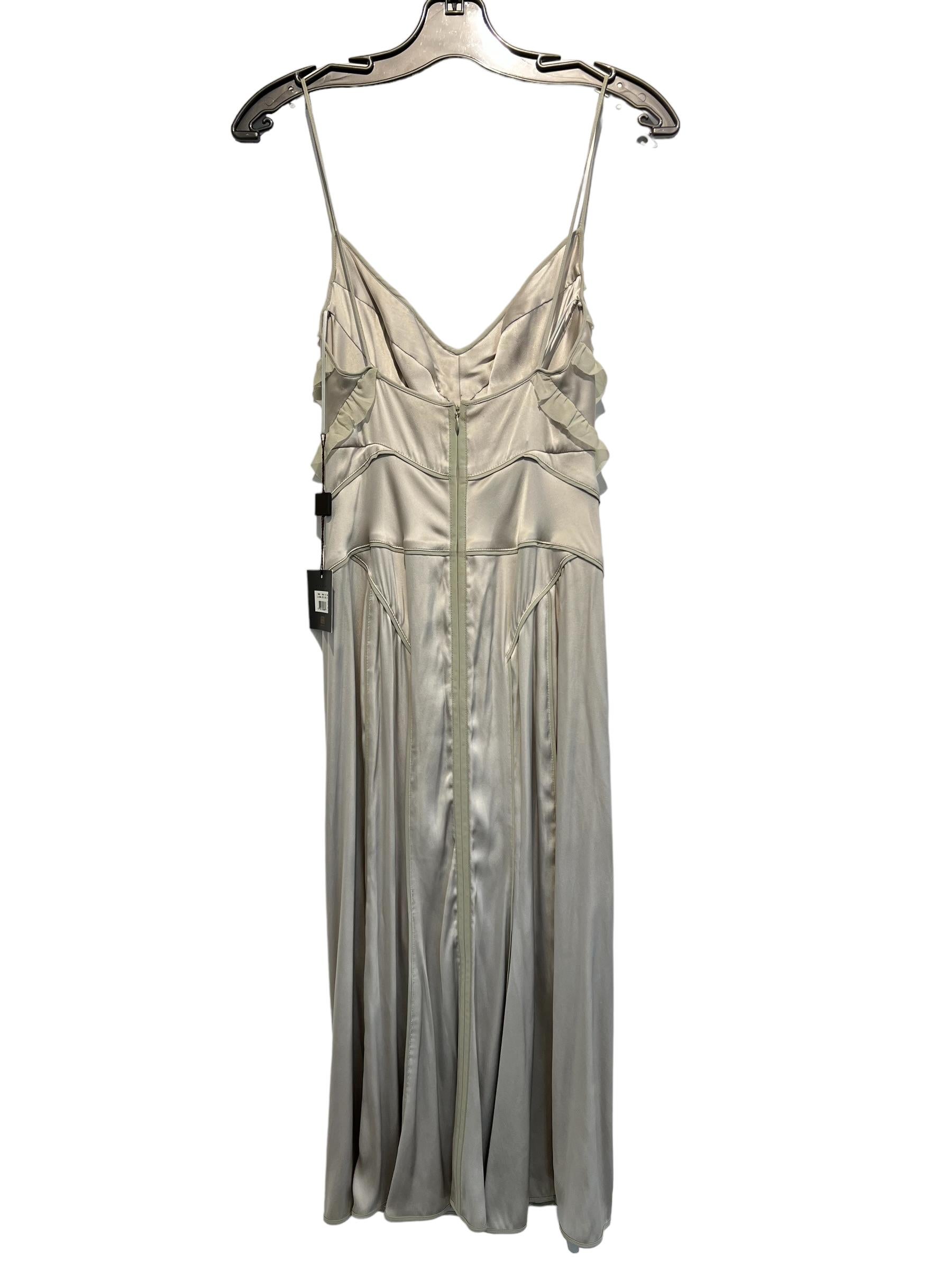 Classy Pleated Ruffle Gray Silk Dress from Narciso Rodriquez. Spaghetti Structure with V-Neck.