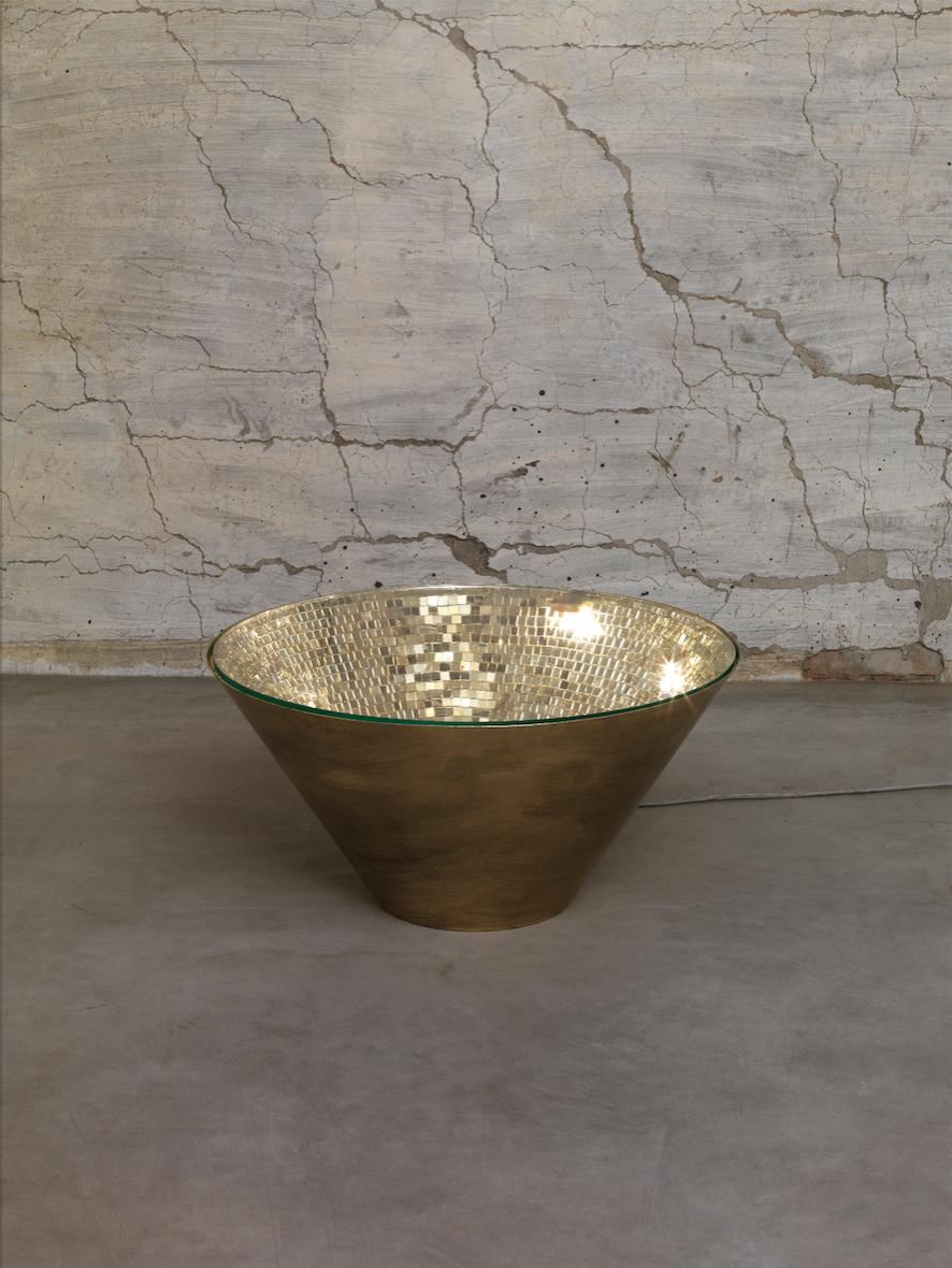 Narciso table by Davide Medri
Materials: mirror mosaic (gold), iron
Also available in silver. 
Dimensions: Ø50 x H45 cm
Also available in Ø60 x H60, Ø80 x H40 cm

Davide Medri was born in Cesena on August 7th 1967 and graduated at the Academy