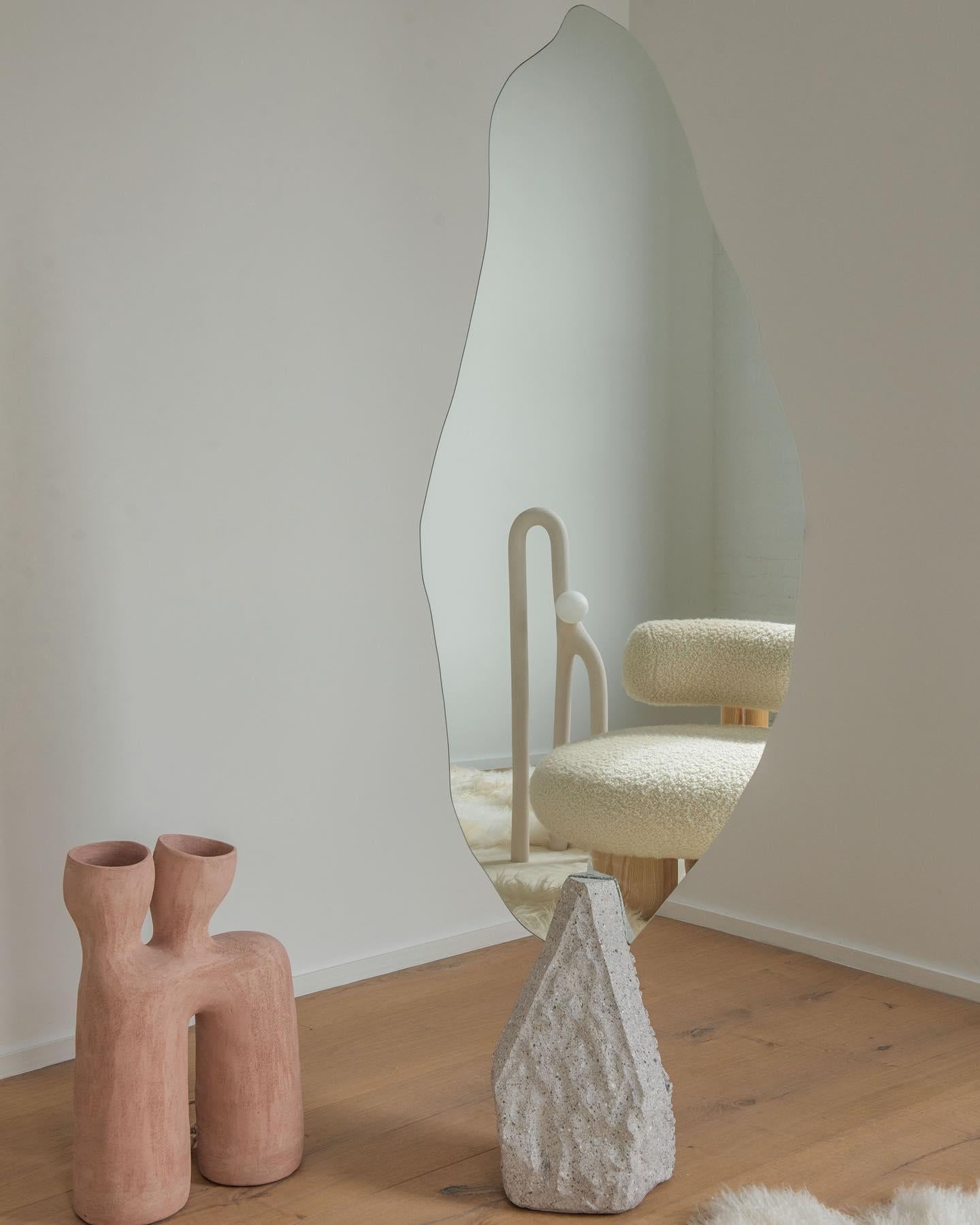 Hand-Crafted Organic Shape Mirror with Grey Stone Base in Center by Andres Monnier For Sale