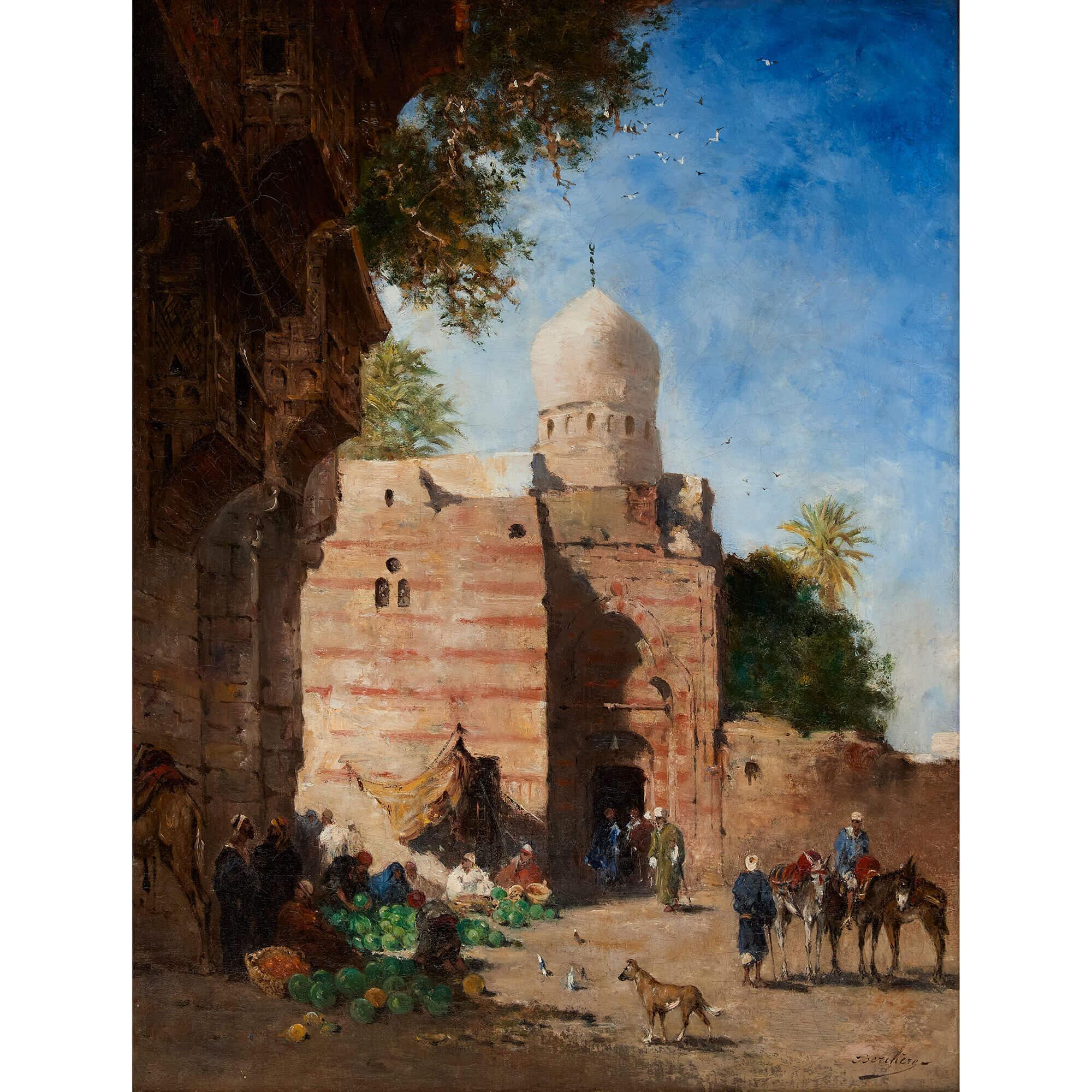 Antique French Orientalist Oil Painting Market Scene Mosque Narcisse Berchère - Brown Figurative Painting by Narcisse Berchere