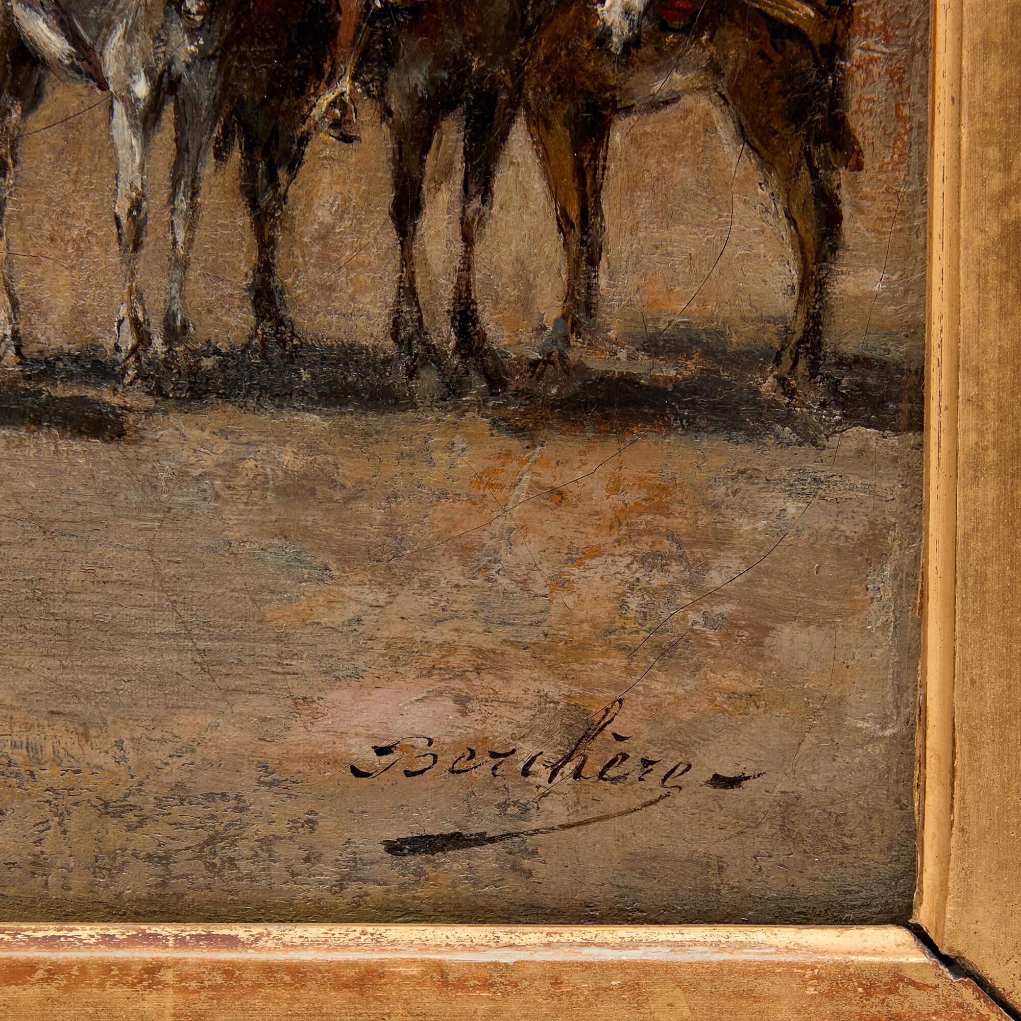 Antique French Orientalist Oil Painting Market Scene Mosque Narcisse Berchère 
French, 19th Century
Canvas: Height 47cm, width 38cm
Frame: Height 75cm, width 67cm, depth 10cm

This captivating oil painting on canvas is the work of Narcisse Berchère