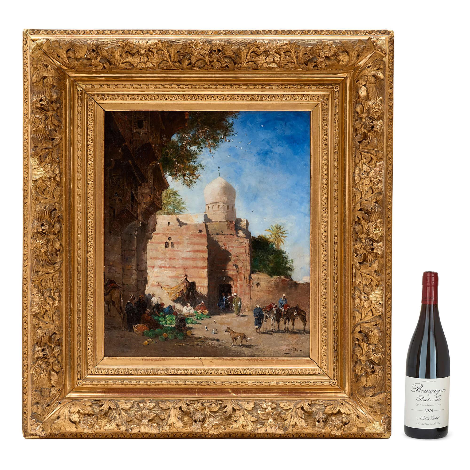 Antique French Orientalist Oil Painting Market Scene Mosque Narcisse Berchère For Sale 3